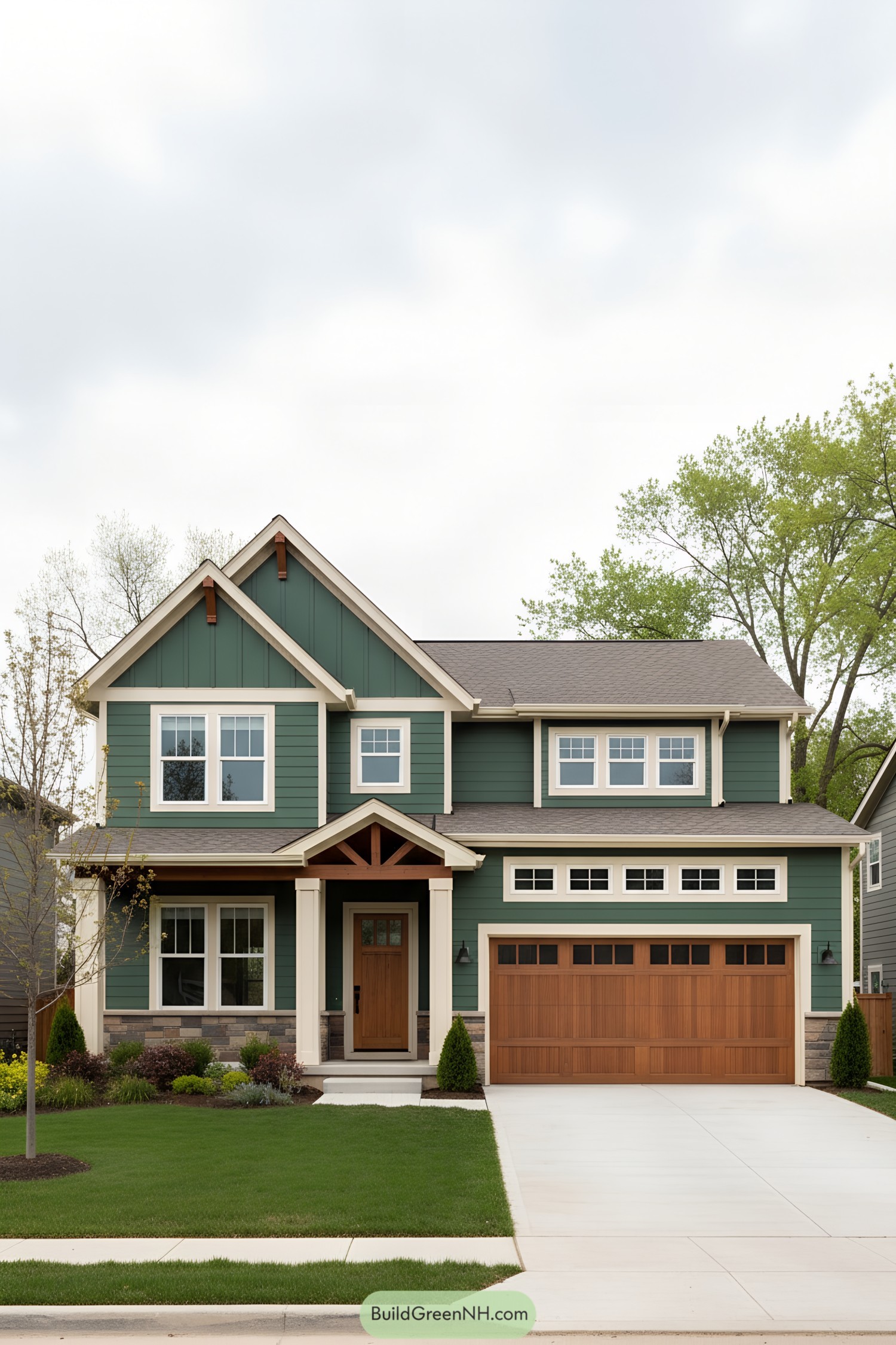 Forest-green two-story house with white trim and cedar-toned doors and accents