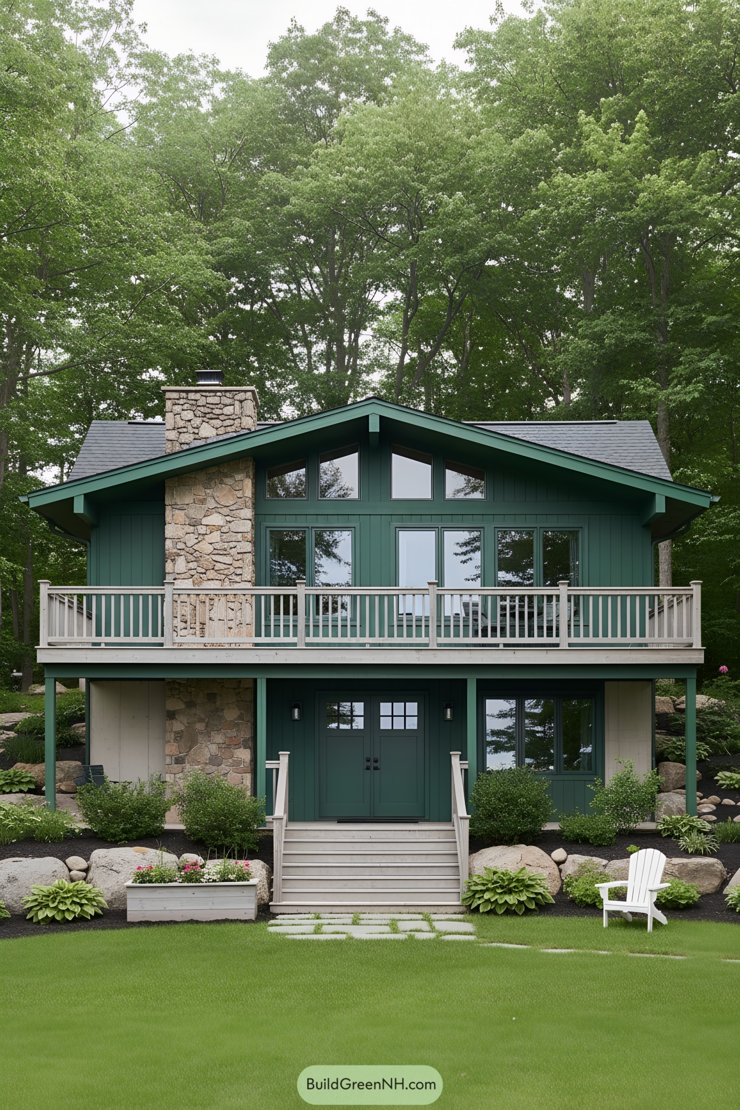 Two-story green chalet with stone chimney and wraparound balcony