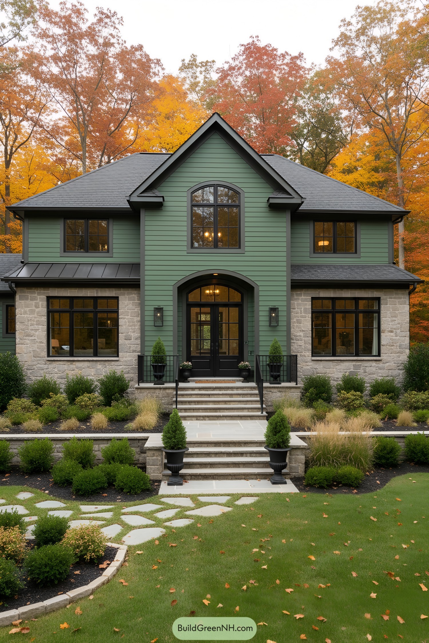 Forest-green two-story house with stone base and black trim amid autumn trees