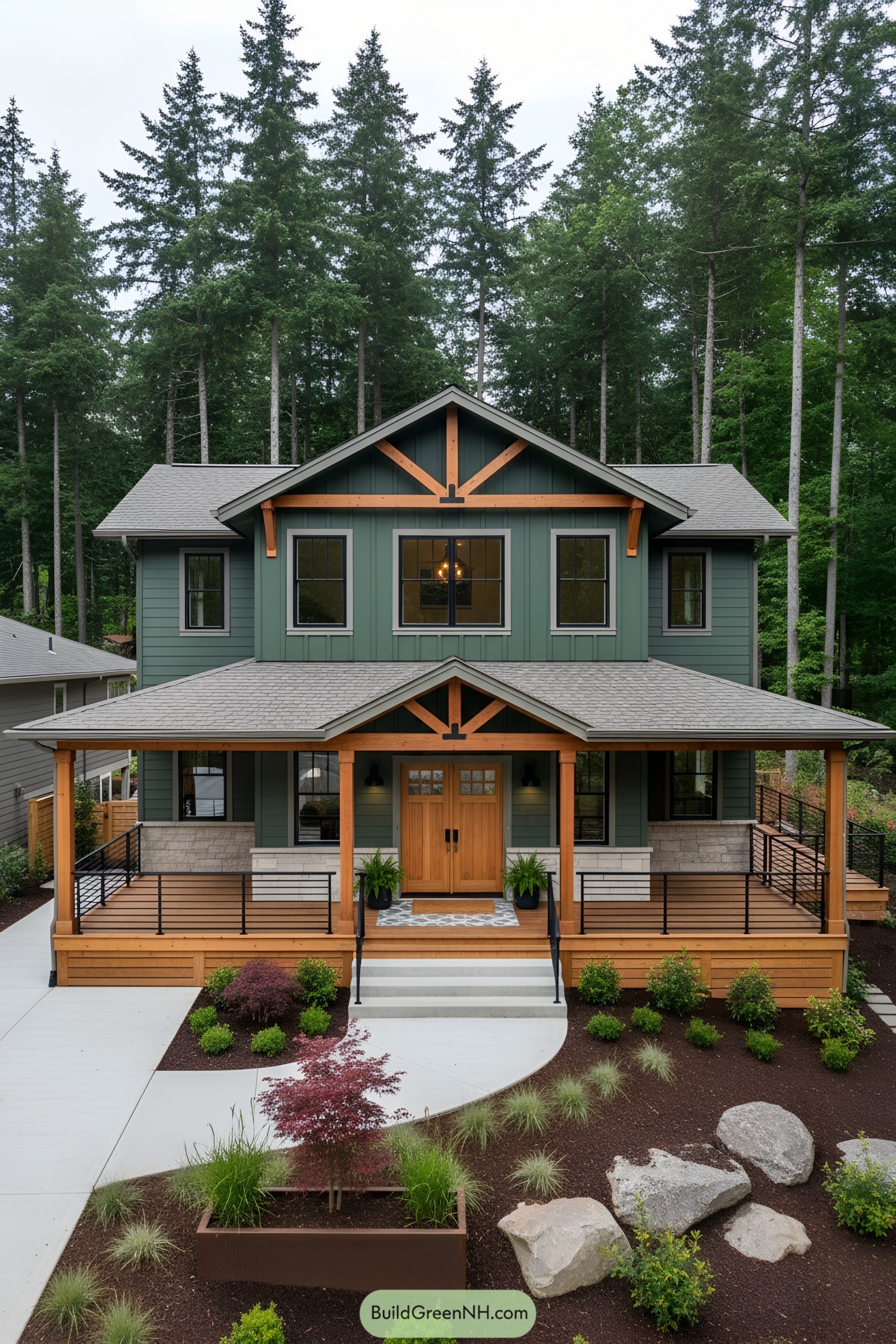 Two-story forest green craftsman house with timber accents and wraparound porch