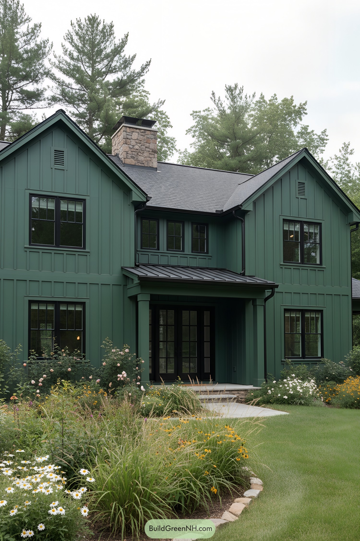 Forest-green board-and-batten house with black windows, metal porch roof, and stone chimney set in lush cottage landscaping