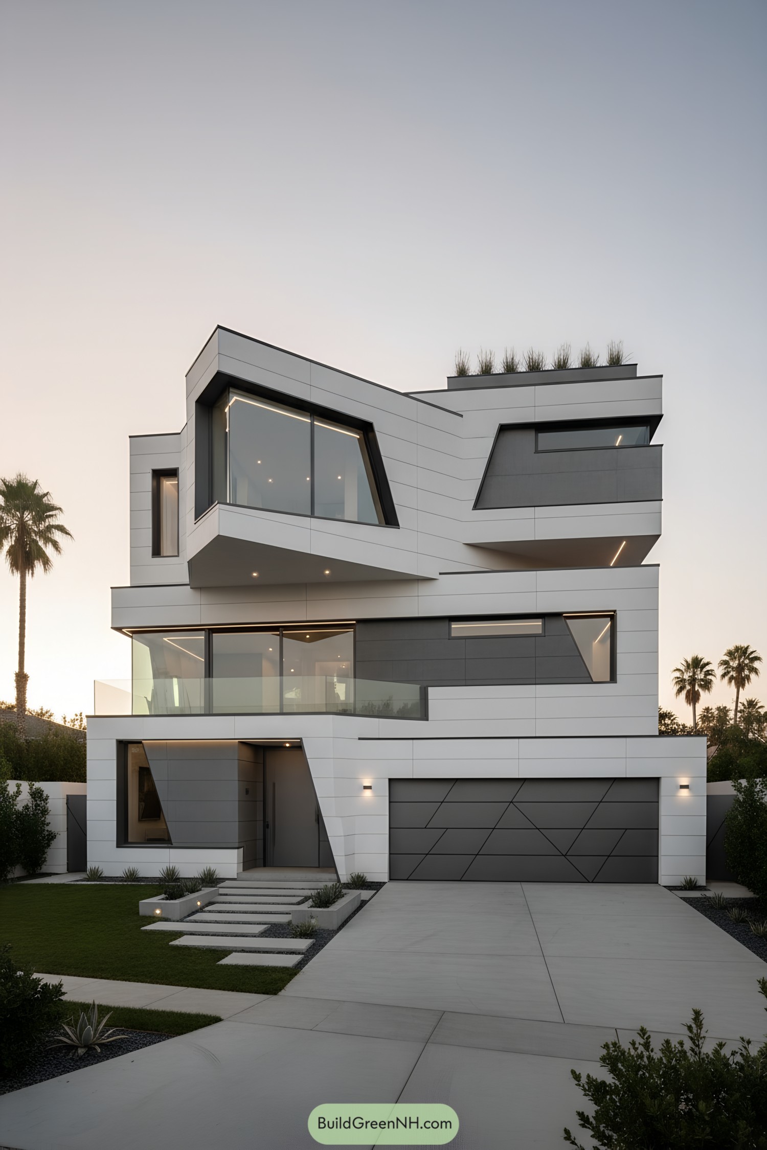 Angular white and gray modern house with stacked volumes and large geometric windows