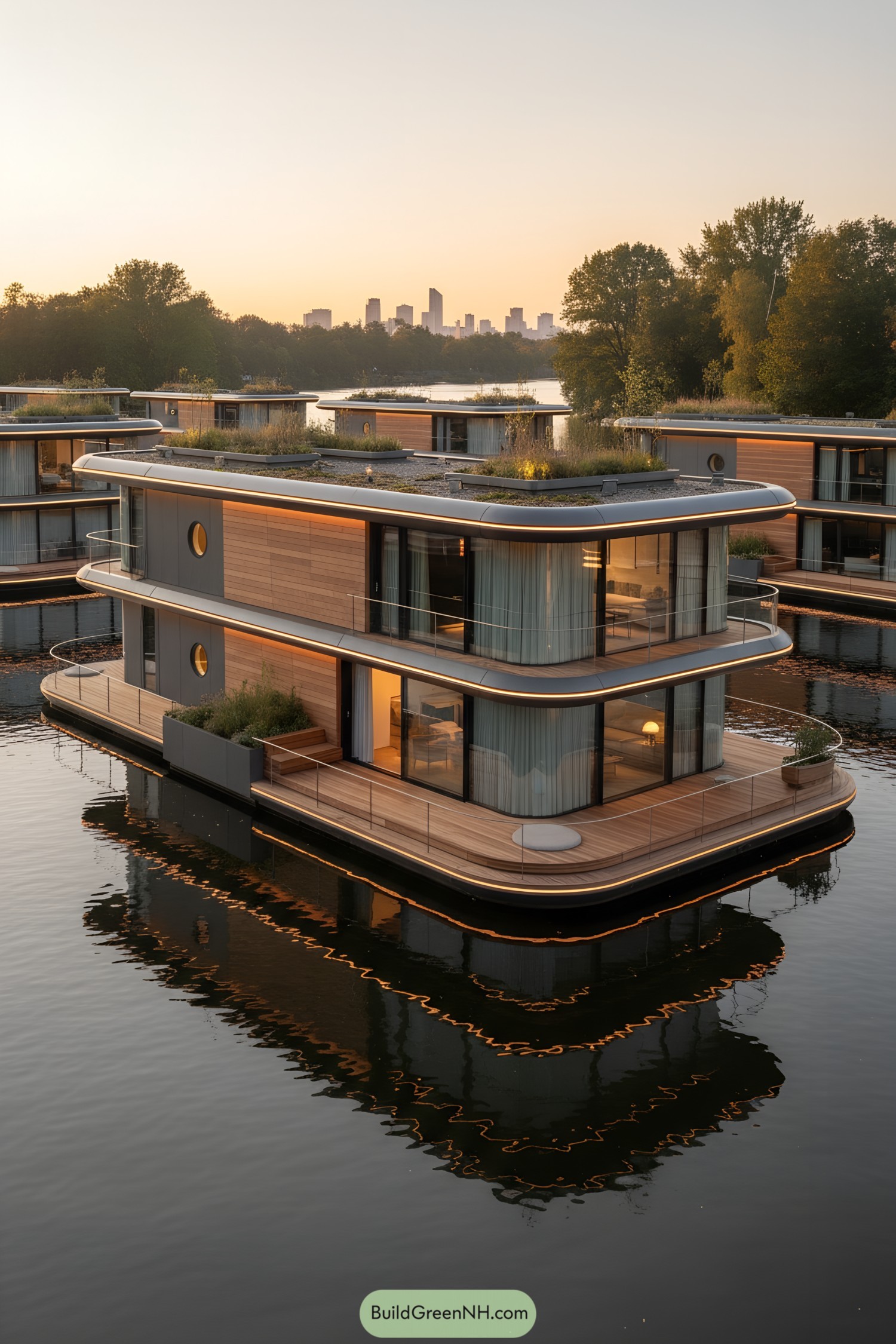 Two-story floating house with rounded decks and warm wood cladding at sunset