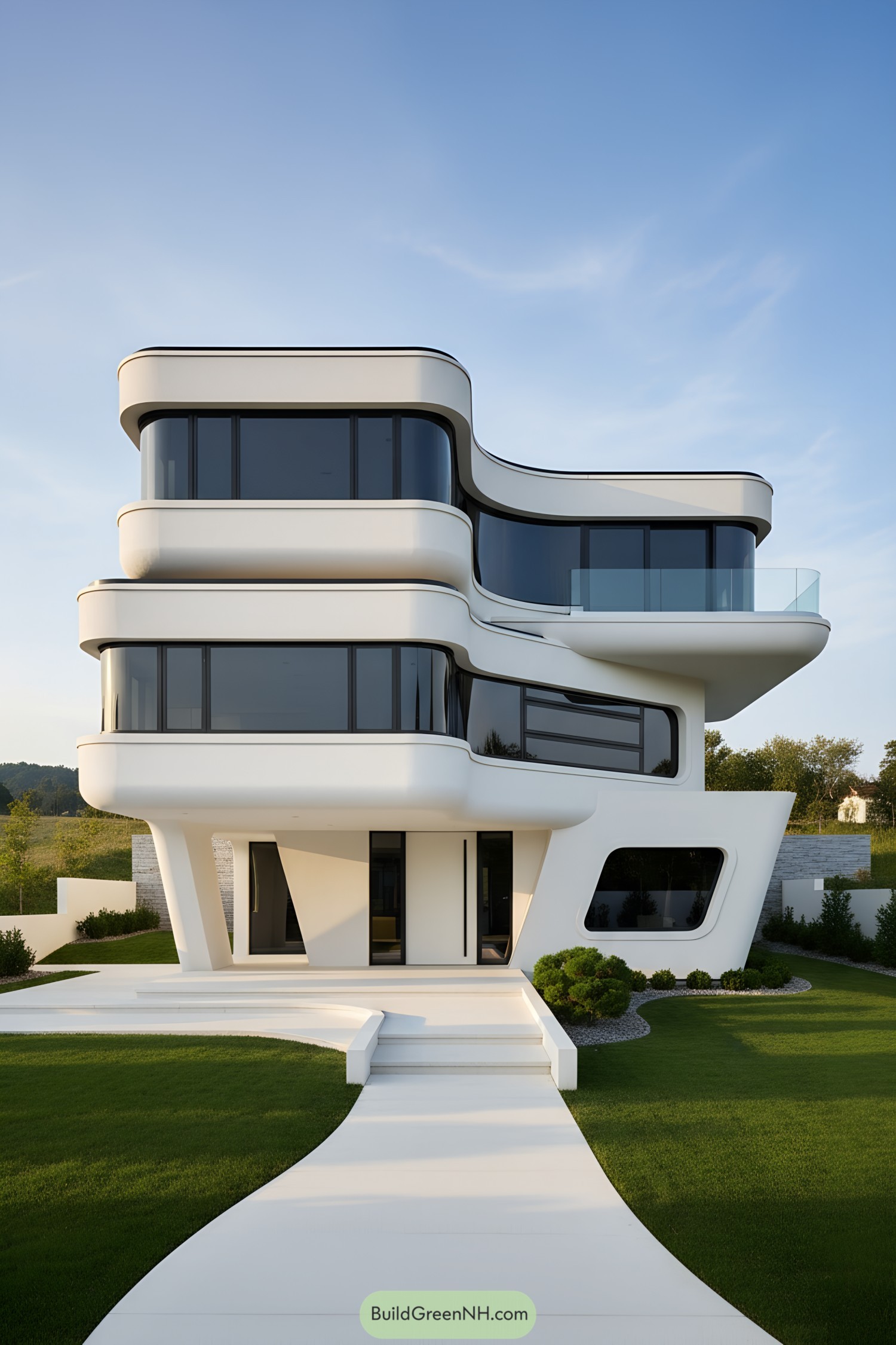 Futuristic white house with swooping curves and wraparound glass