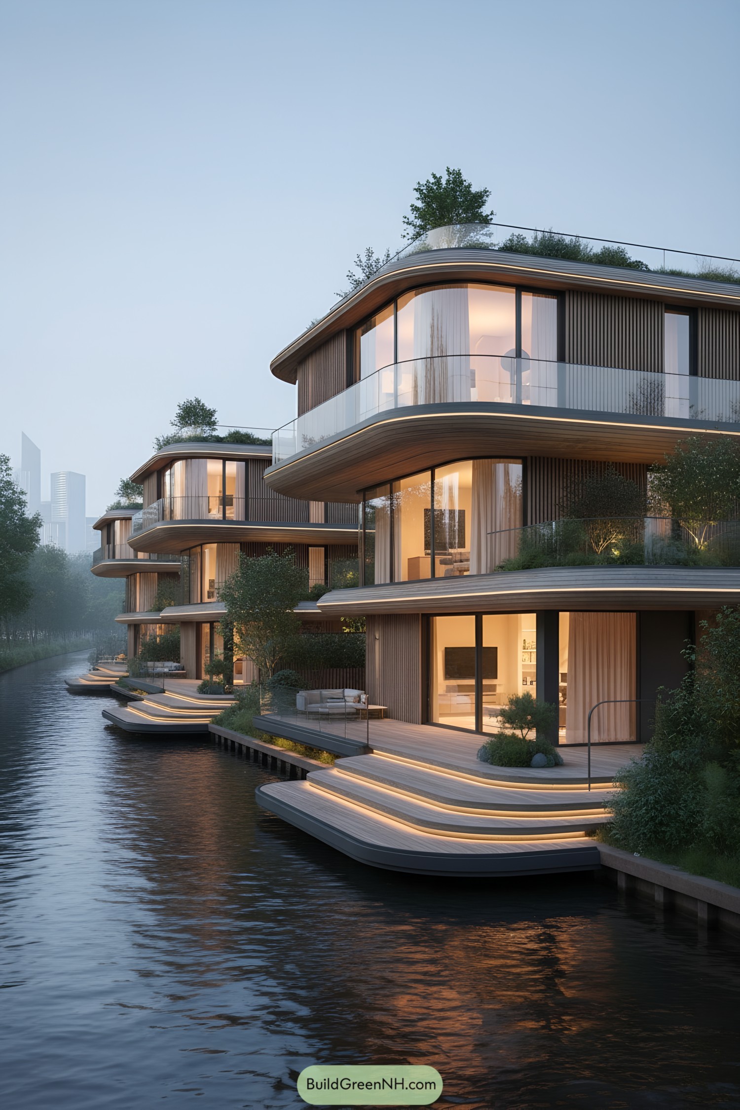 Curved waterfront homes with layered decks and glass balconies at dusk