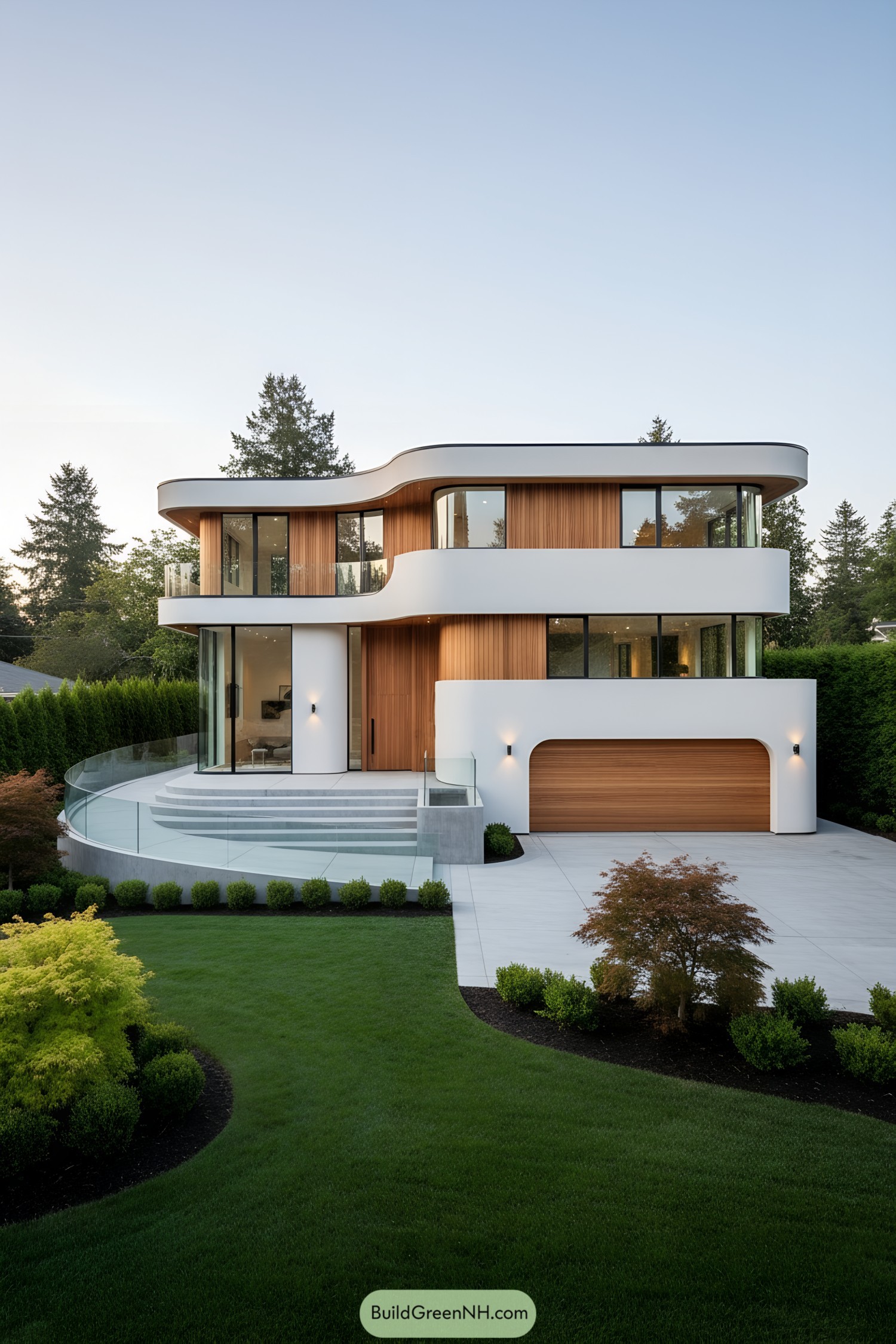 Two-story white residence with rounded corners and vertical wood cladding, glass railings, and manicured lawn
