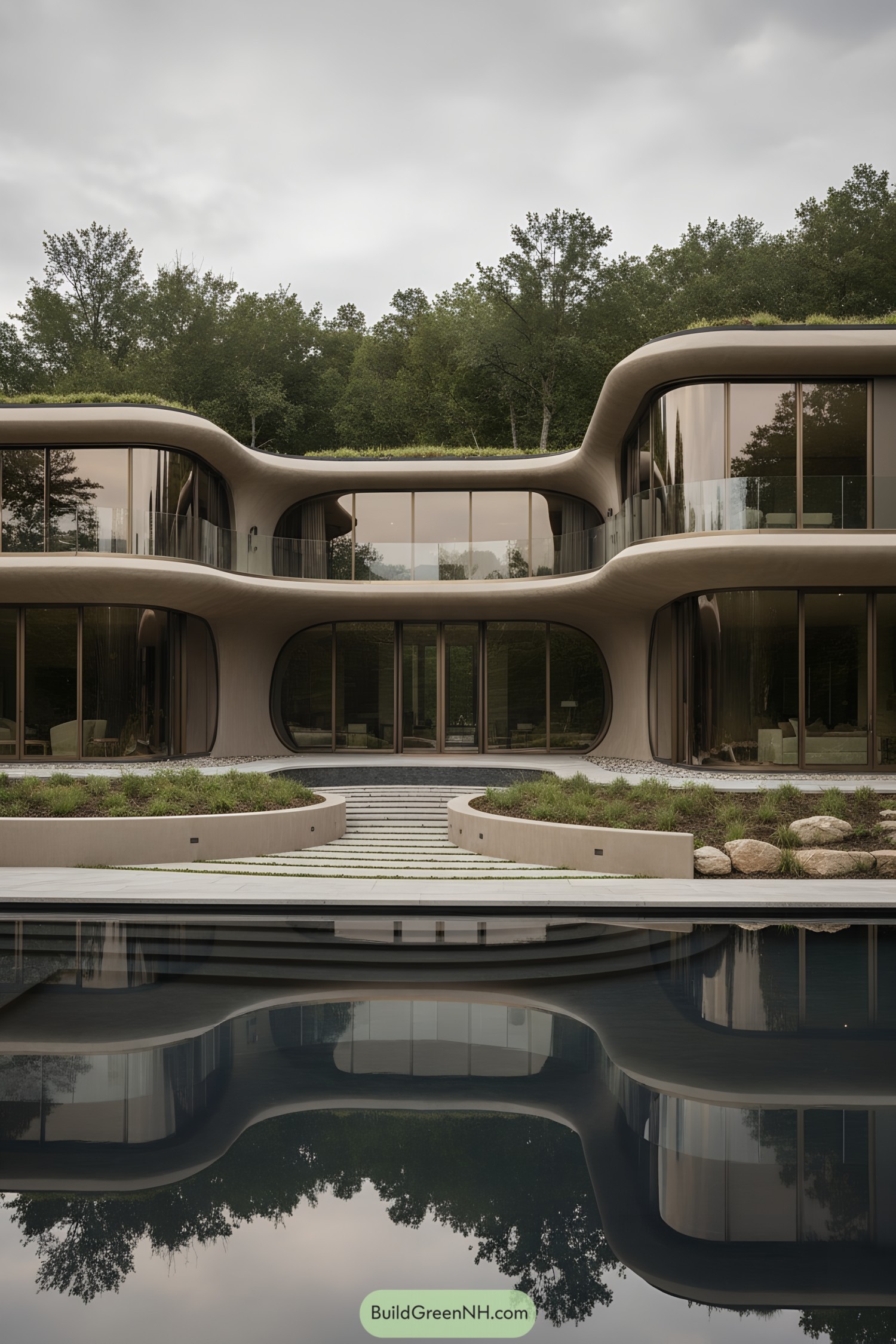 Organic glassy villa with curving terraces by a reflective pool
