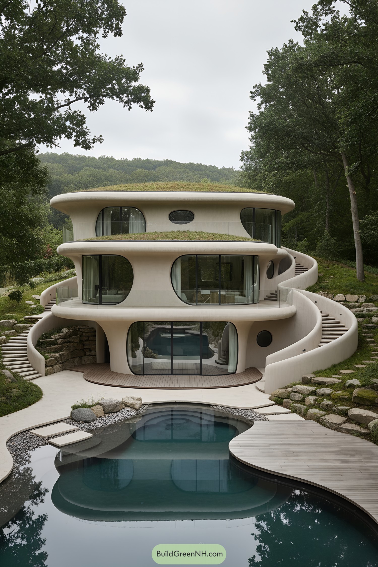 Curved multi-level house with organic pool