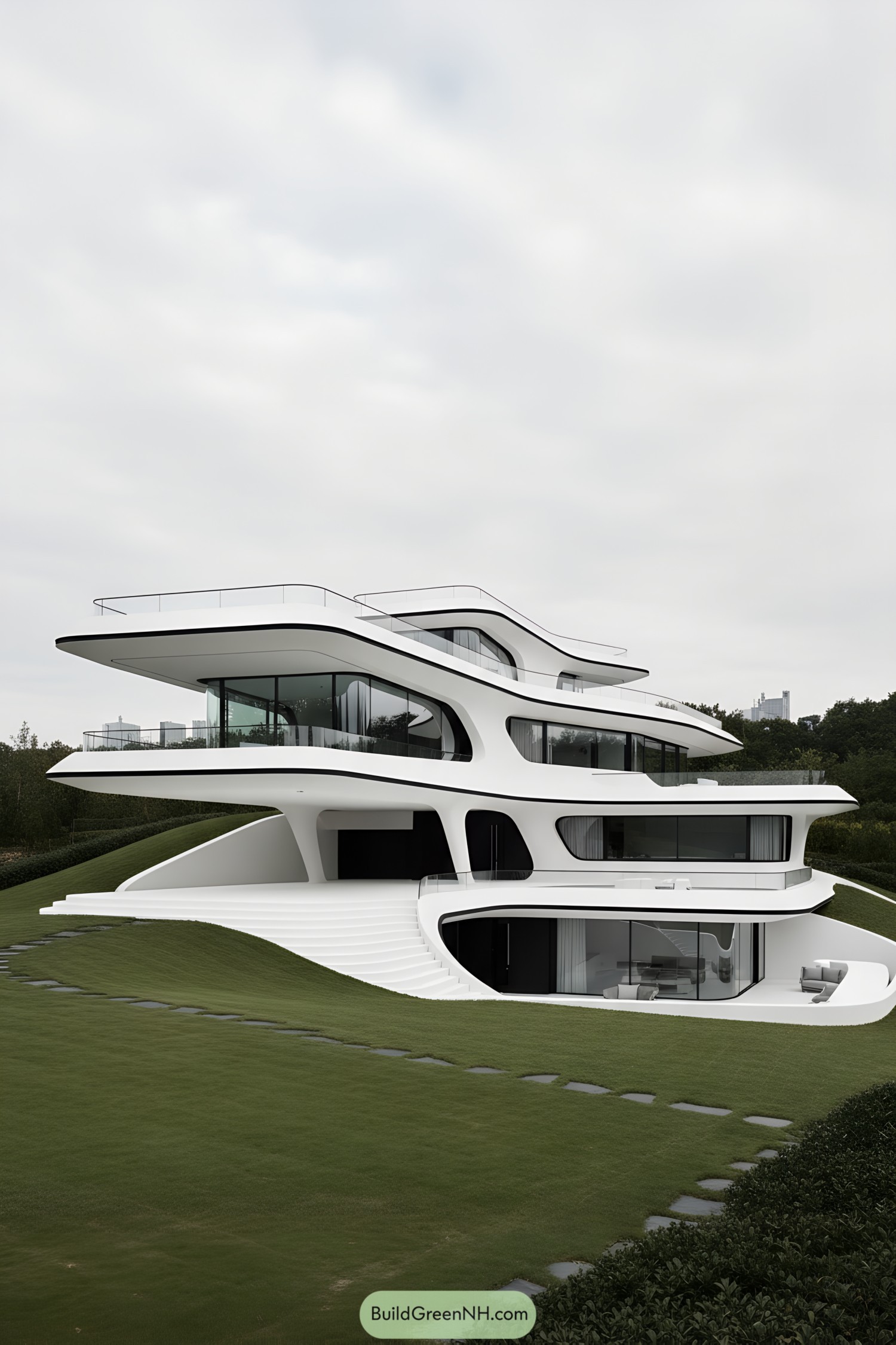 Futuristic white multi-tiered hillside home with sweeping curves and glass