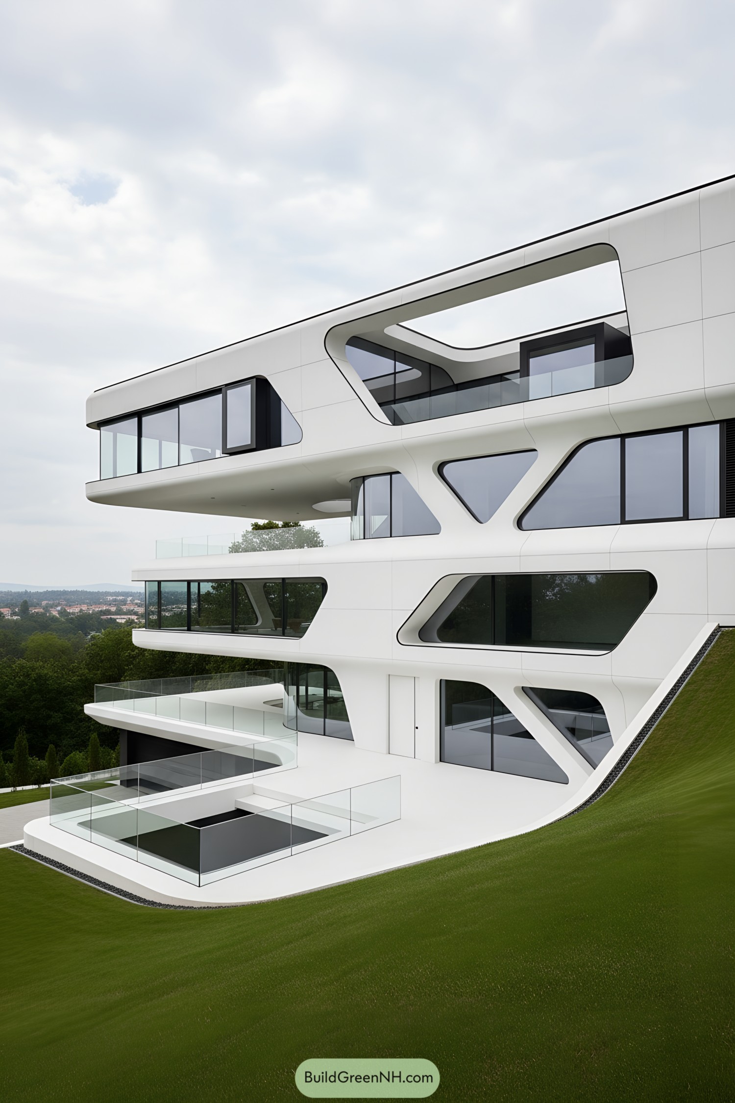 White terraced villa with sculpted geometric cutouts