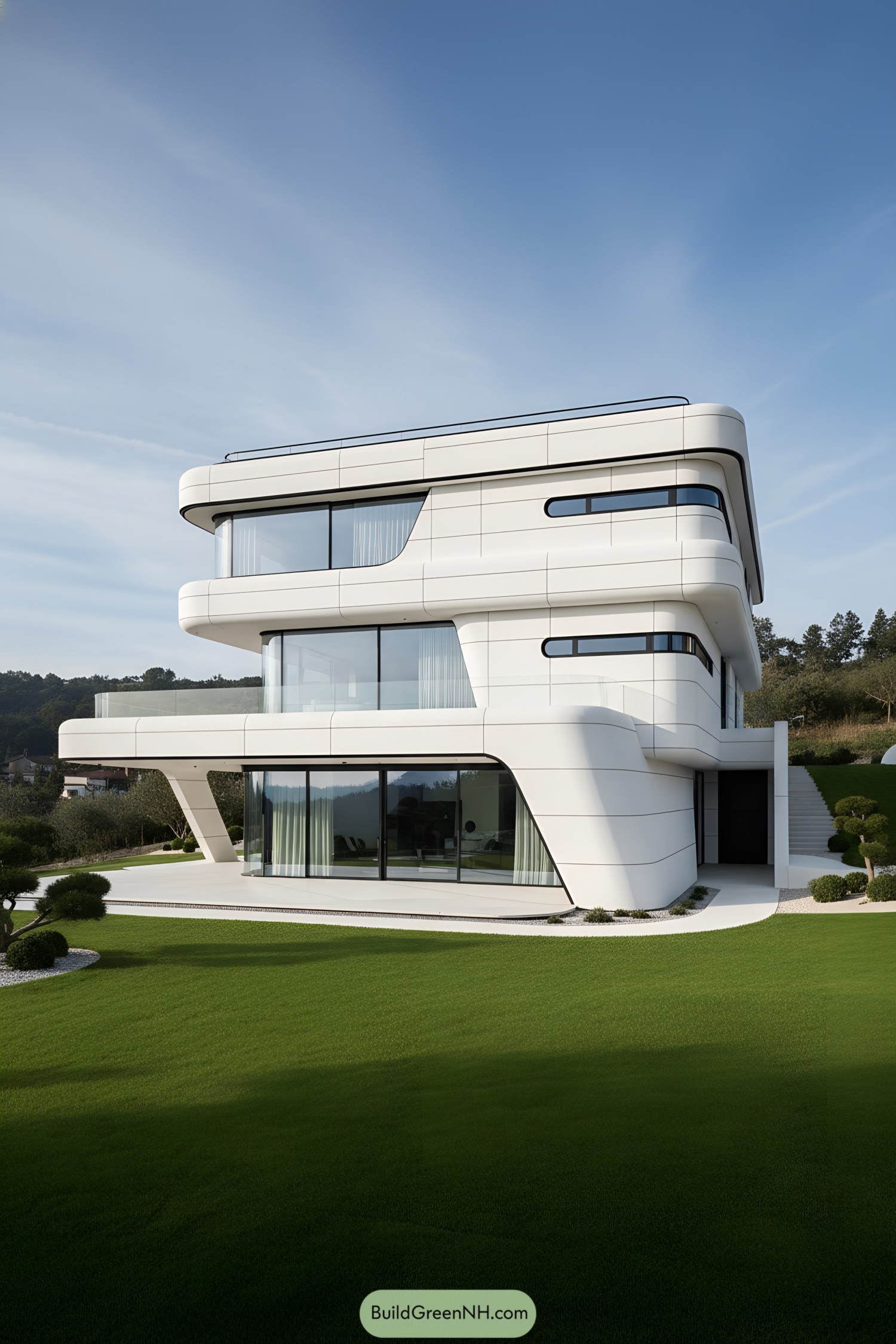 Futuristic white multi-level home with curved glazing
