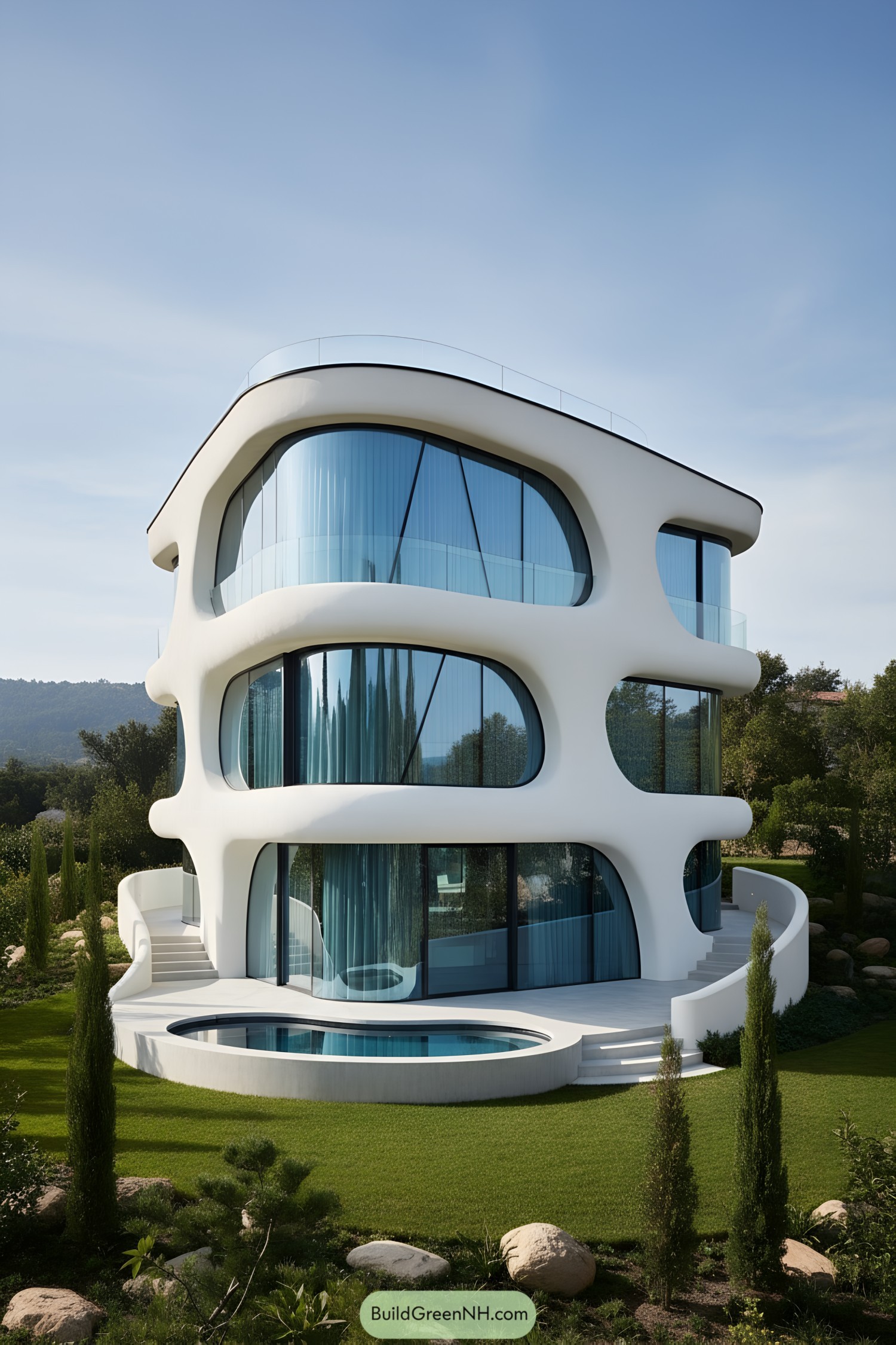 White curvilinear villa with organic windows and pool