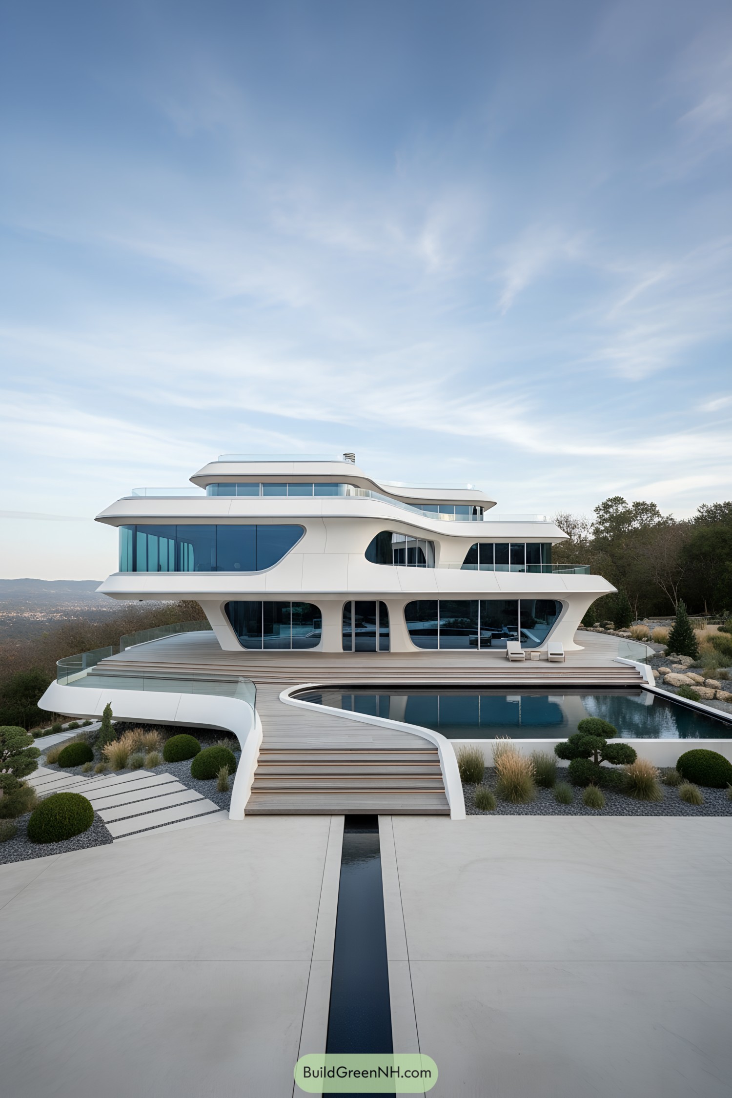 Futurist white multi-tiered home with curving forms and pool