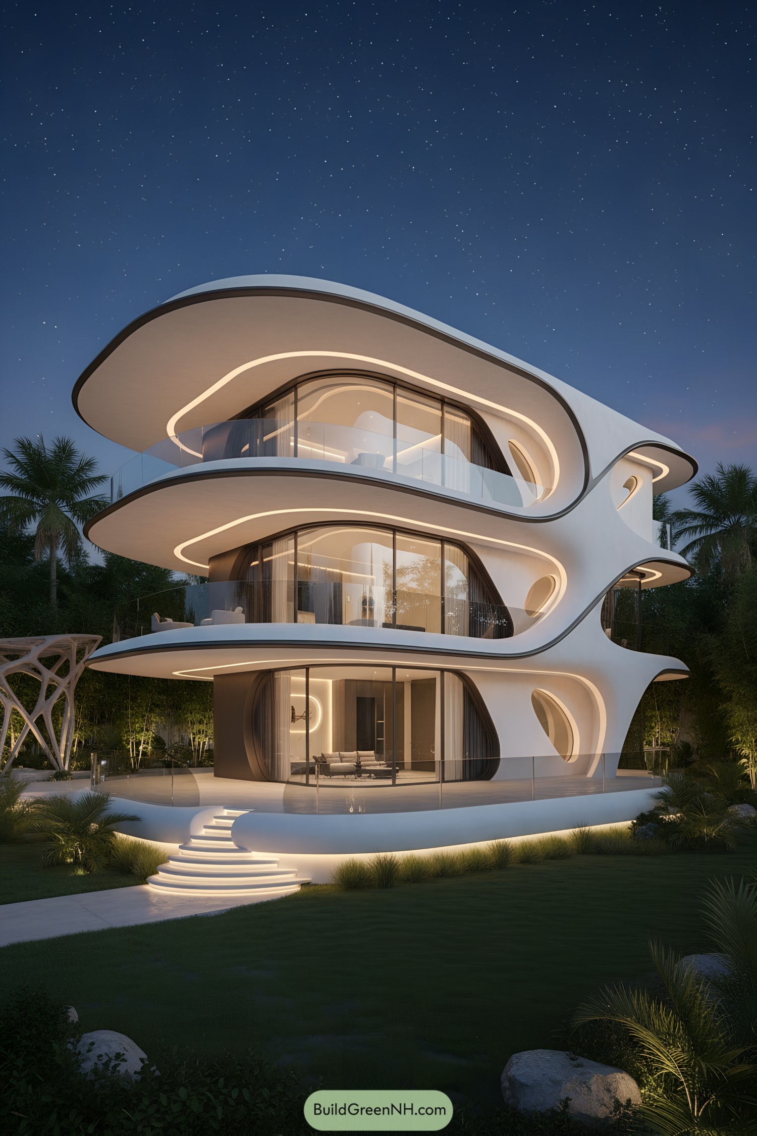 Futuristic white villa with sweeping curved terraces and glowing bands at night