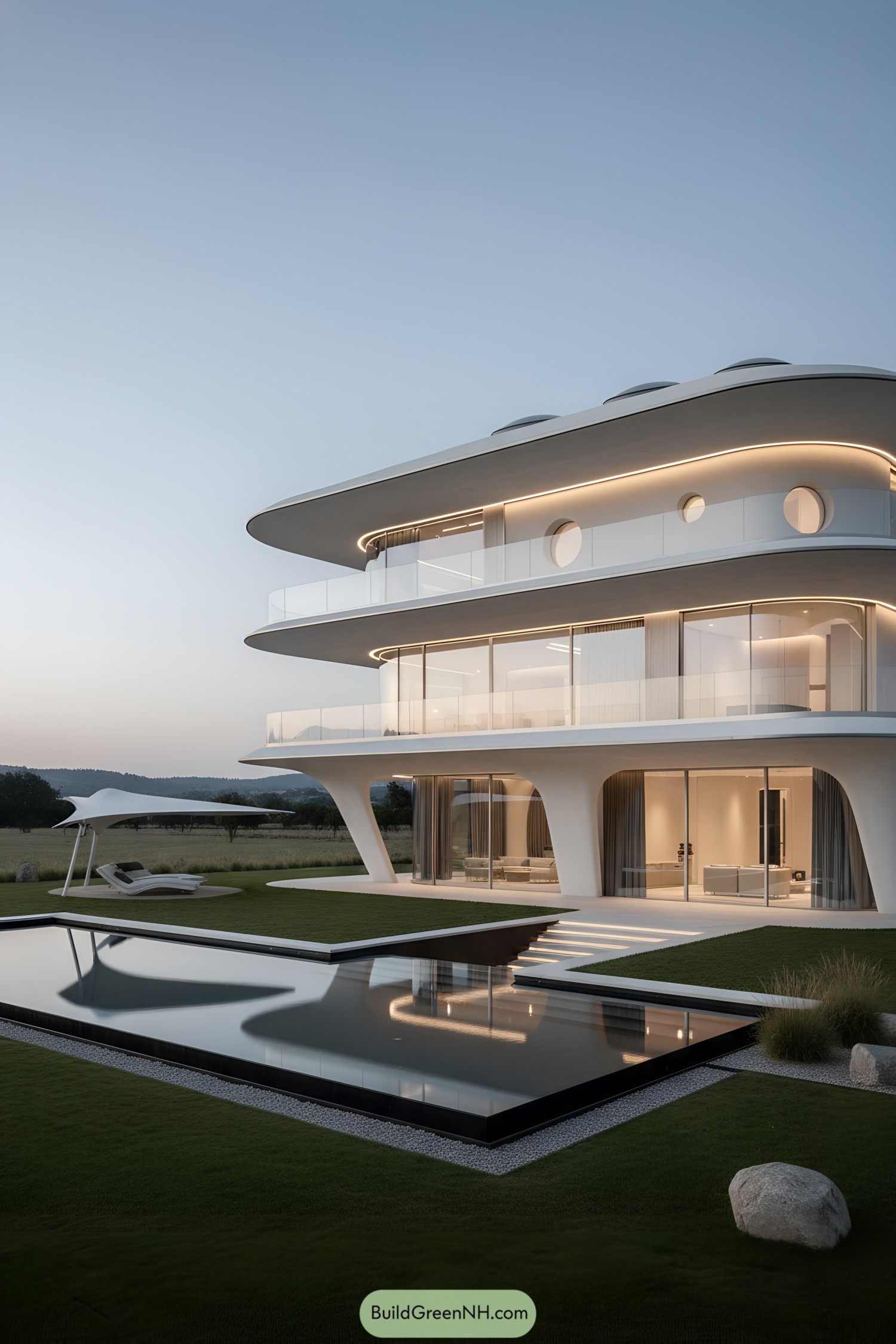 Futuristic white villa with curved tiers and reflective pool at dusk