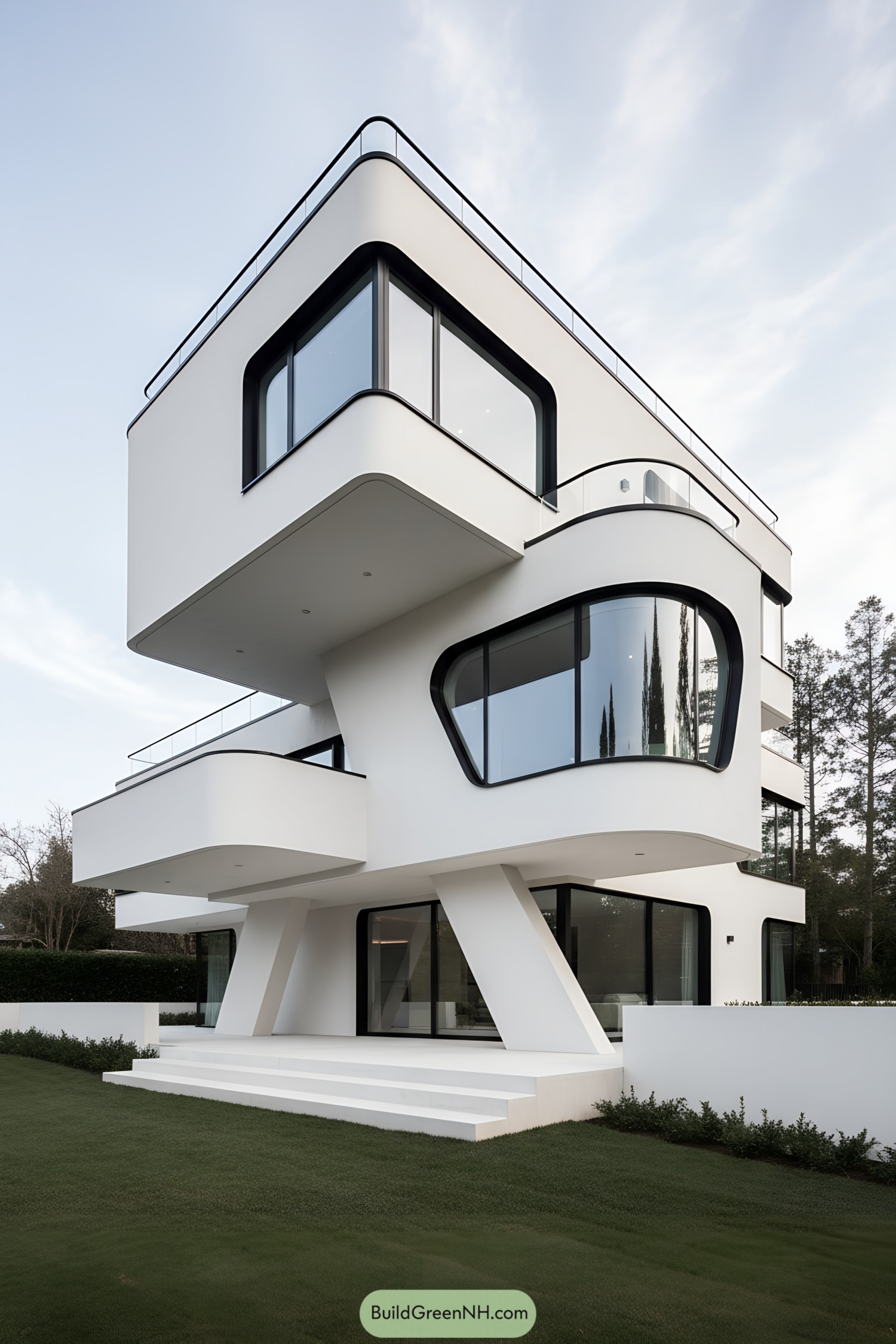 White sculptural house with rounded cantilevered terraces and black-trimmed panoramic windows