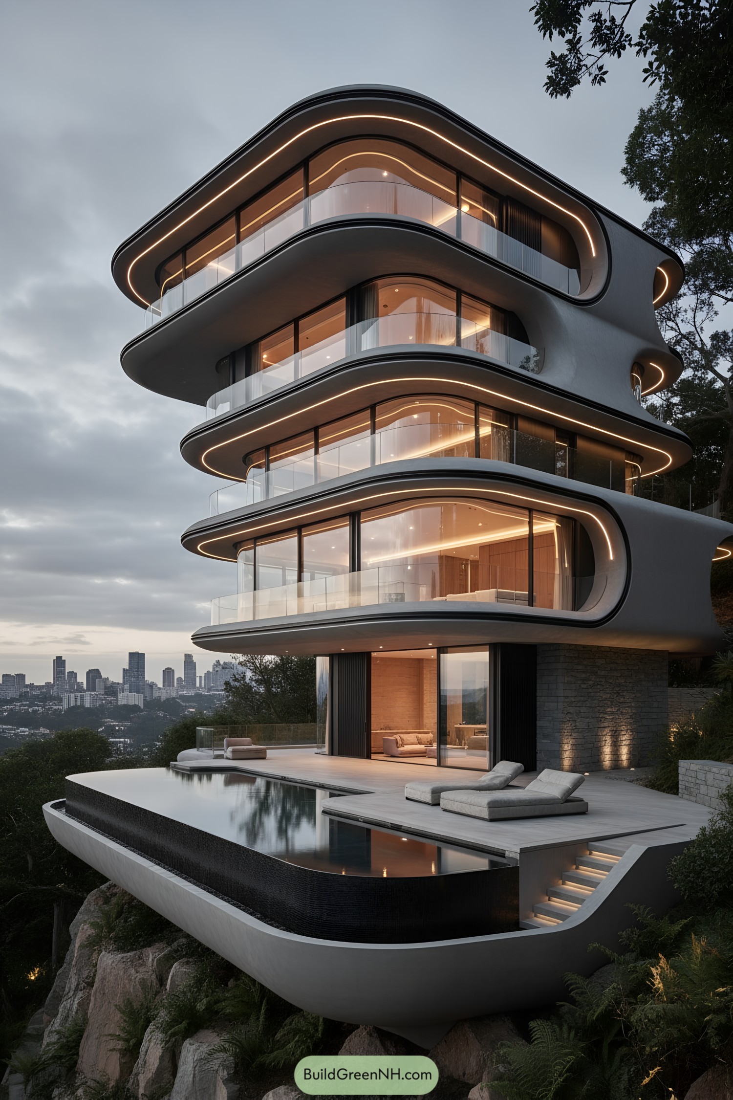 Futurist cliffside home with tiered curved decks and infinity pool