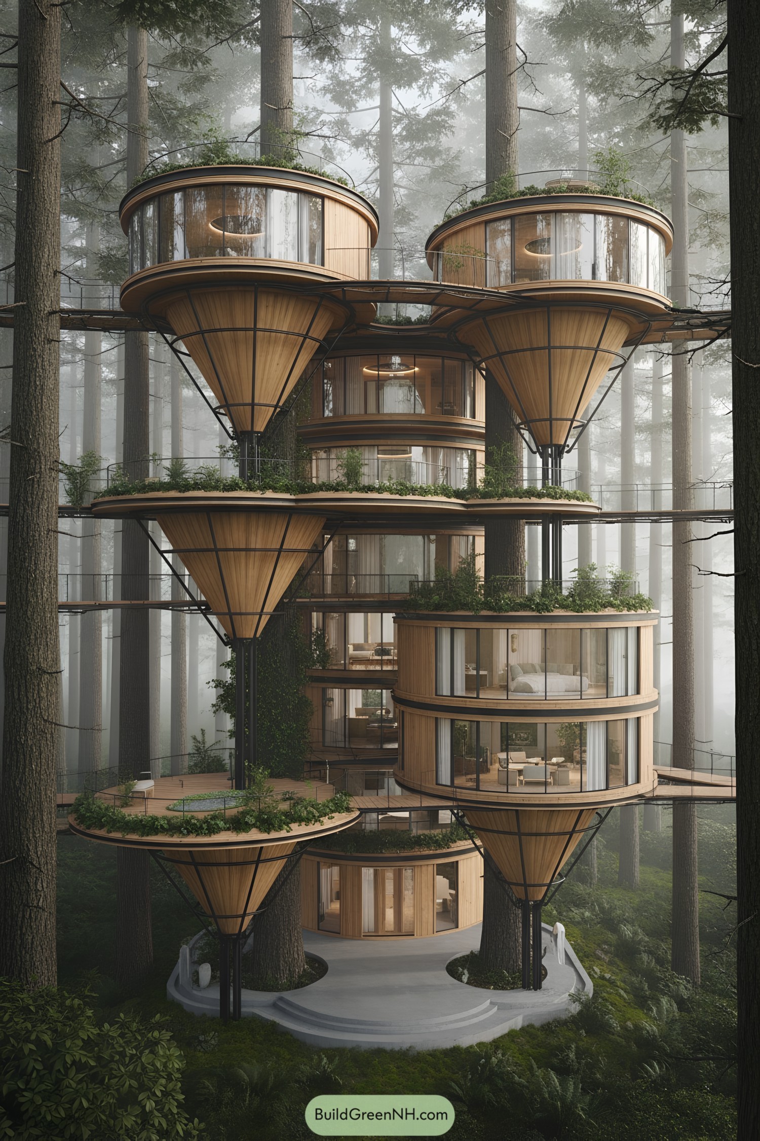 Tiered timber pods elevated among pines