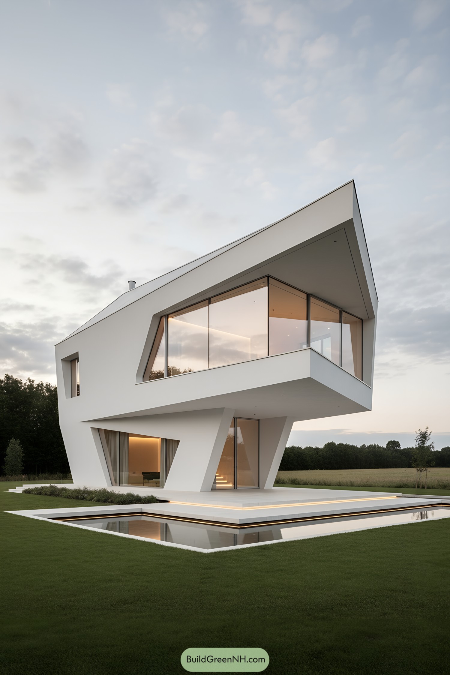 Angular white modern house with cantilevered upper floor and wraparound glazing over reflecting pool
