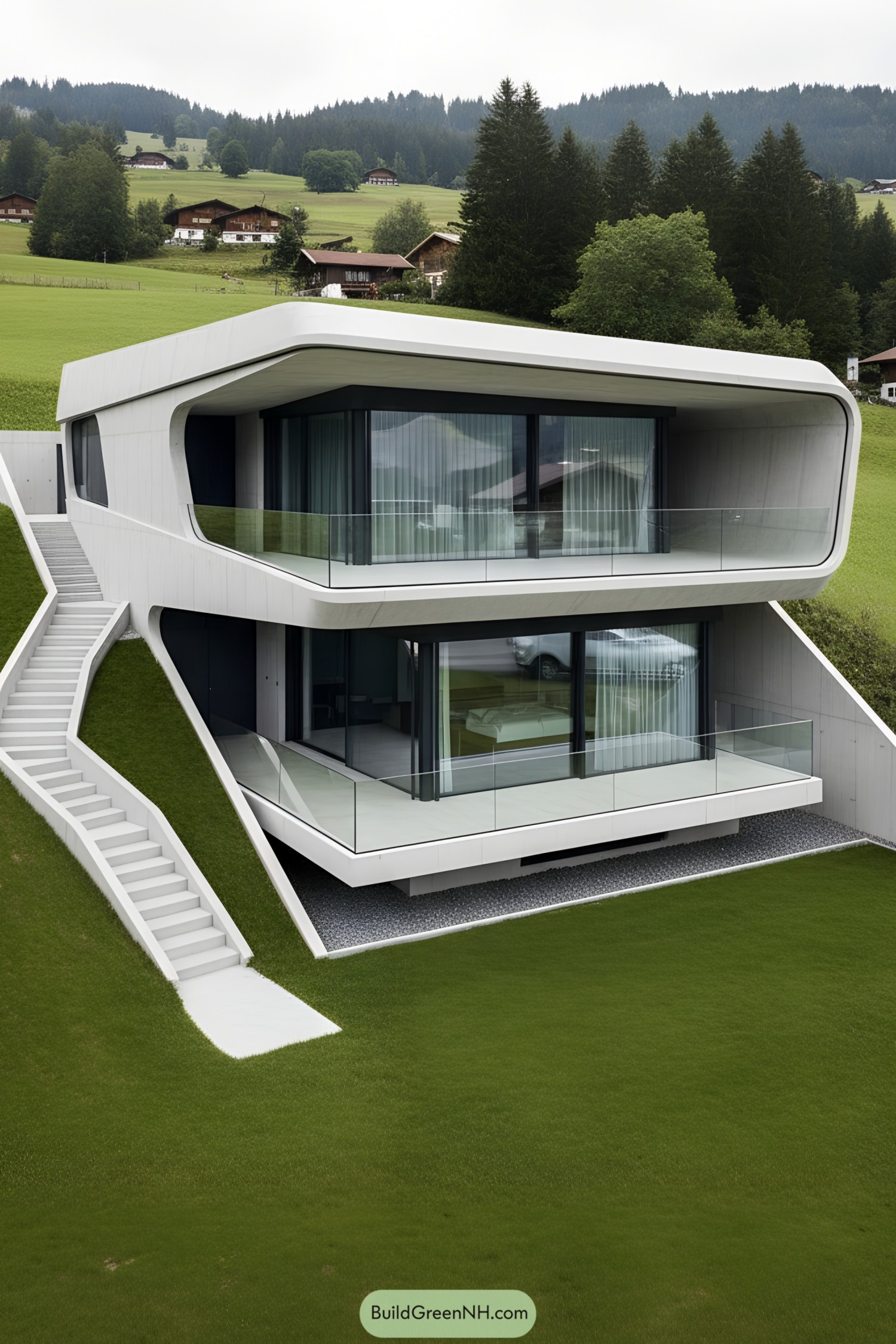 Futurist white villa terraced into hillside
