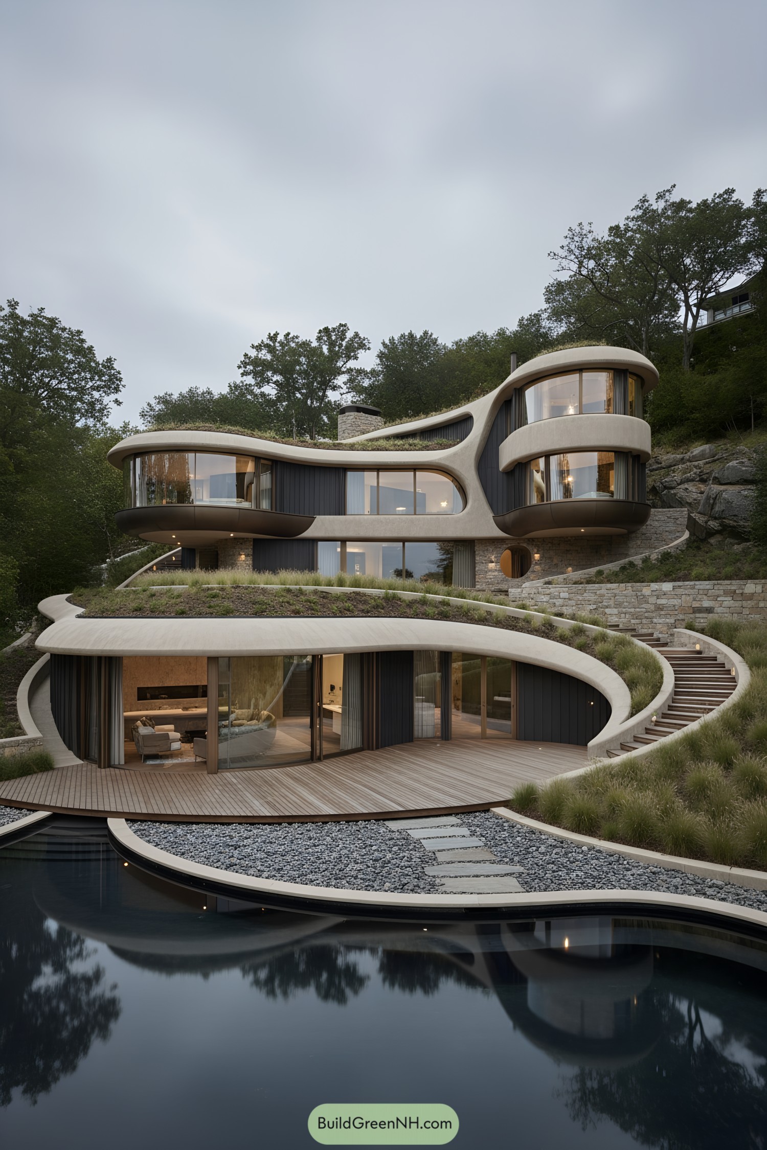 Organic hillside home with curved terraces and glass