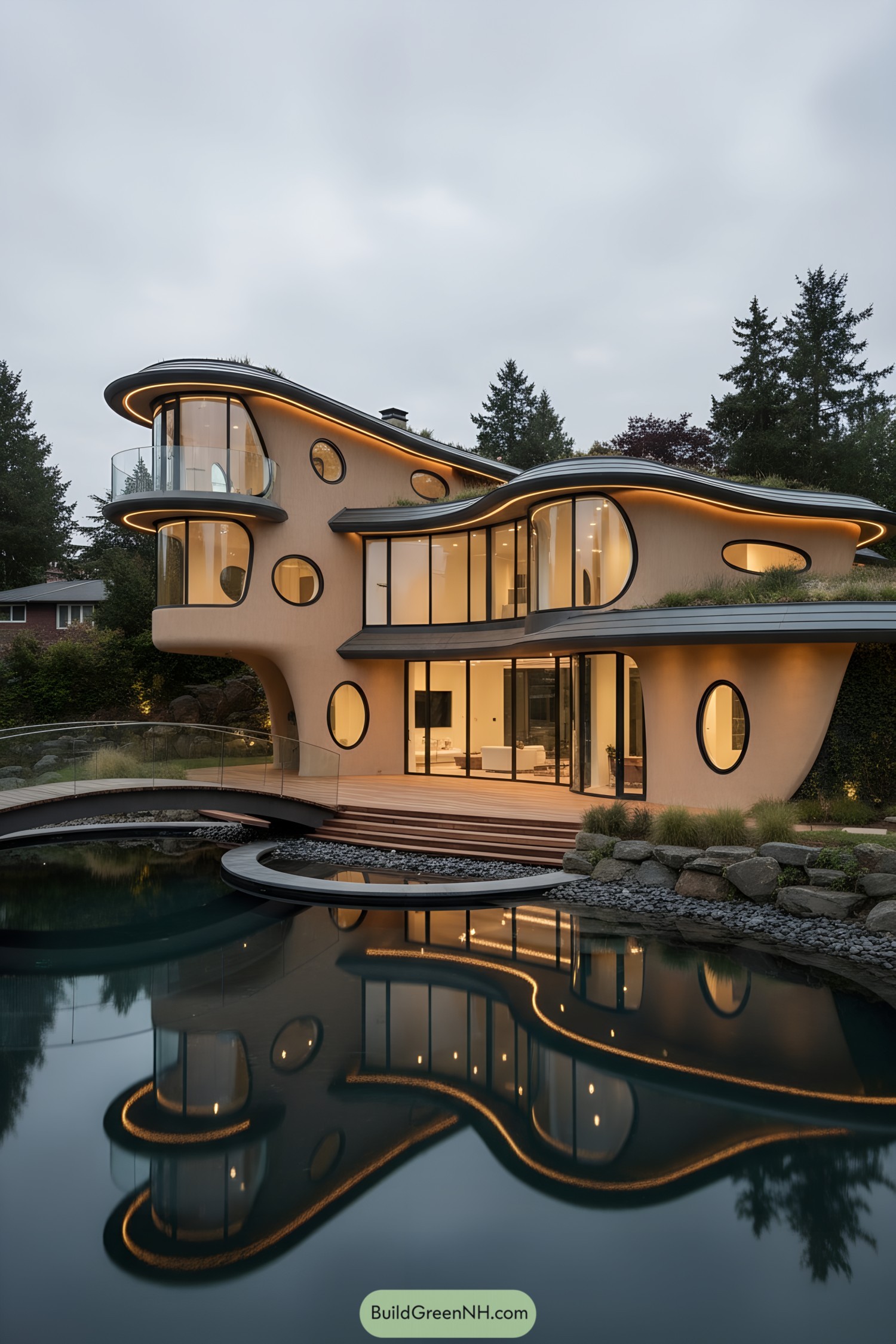 Organic modern home with flowing curves by a reflective pond