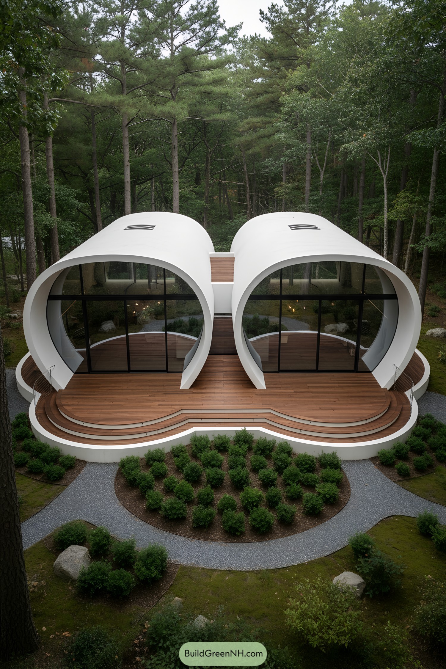 White twin-curved pavilion with glass fronts and tiered wood deck in a forest clearing