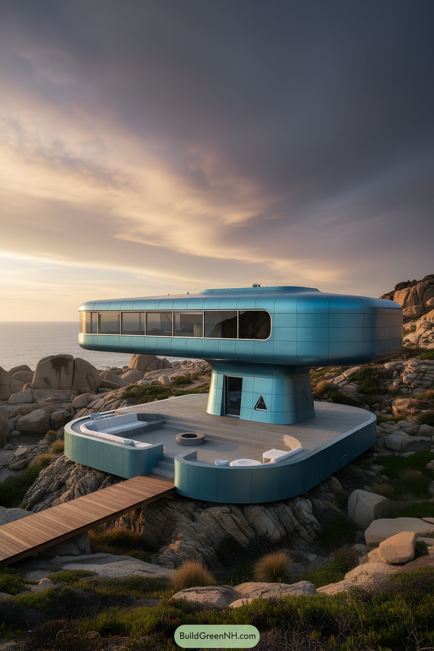 Futuristic turquoise house perched on coastal rocks at sunset