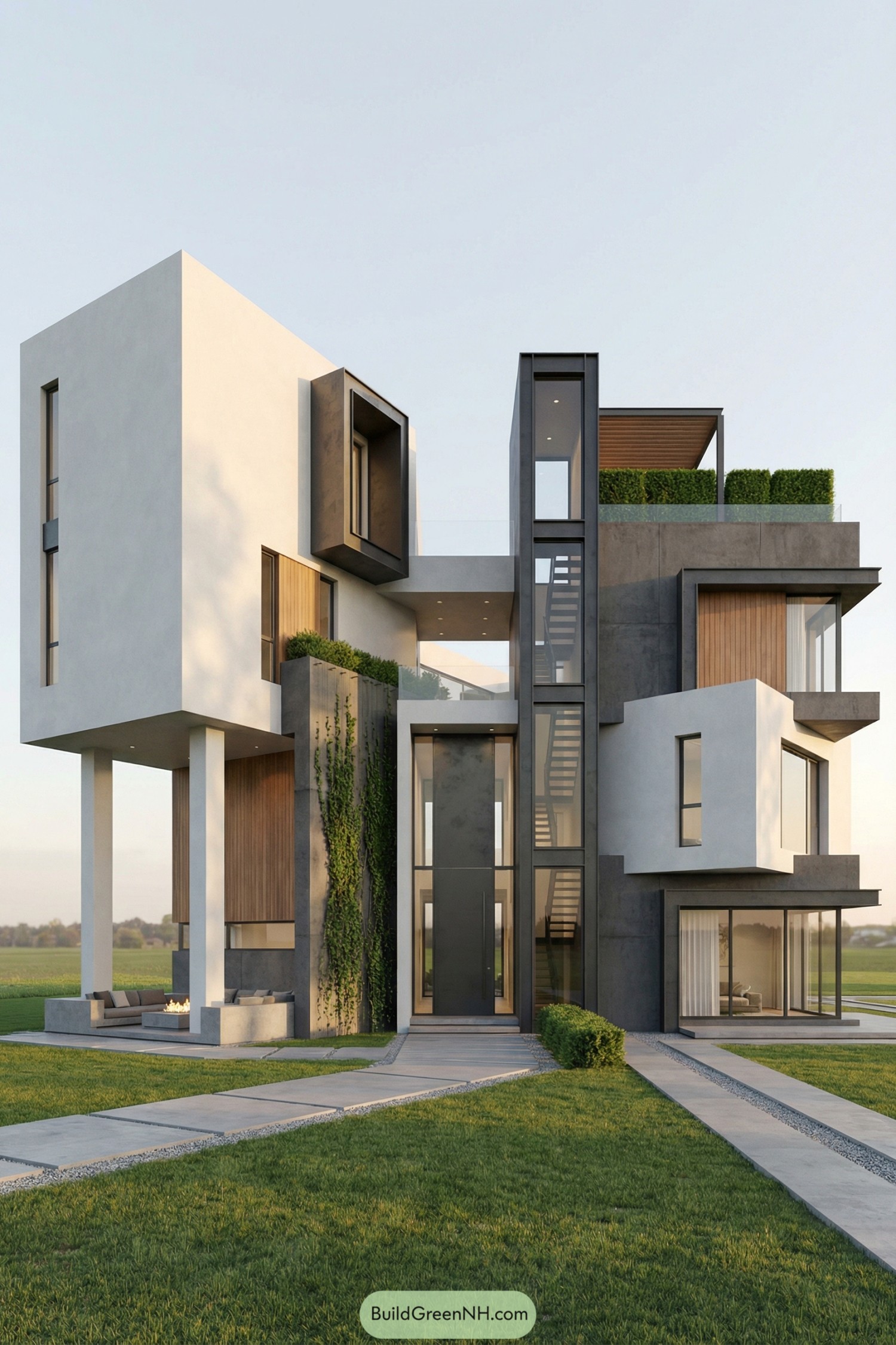 Tall modern house with stacked volumes, glass walls, and rooftop greenery