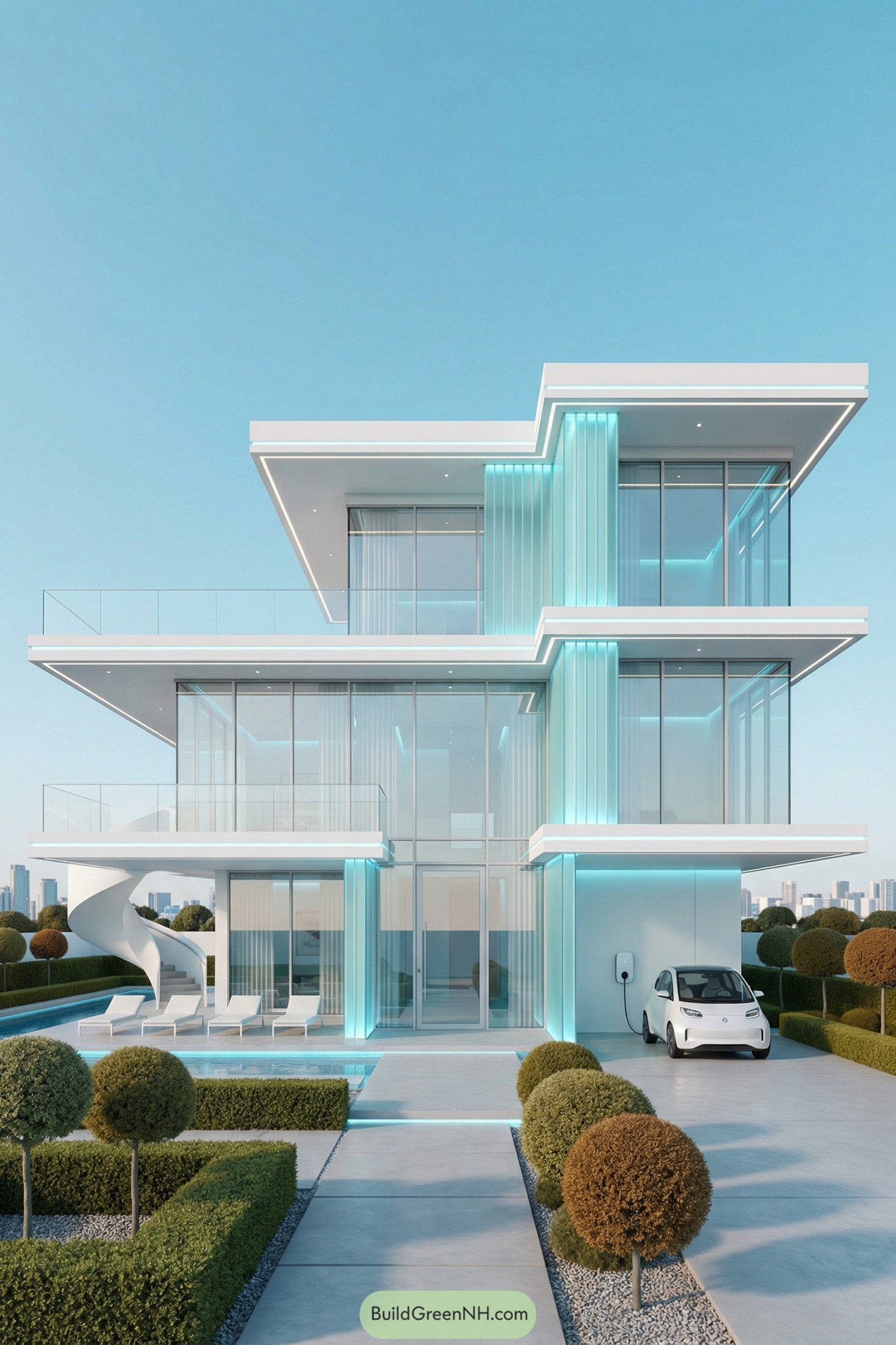 Three-story modern glass house with glowing teal accents, stacked terraces, and poolside garden