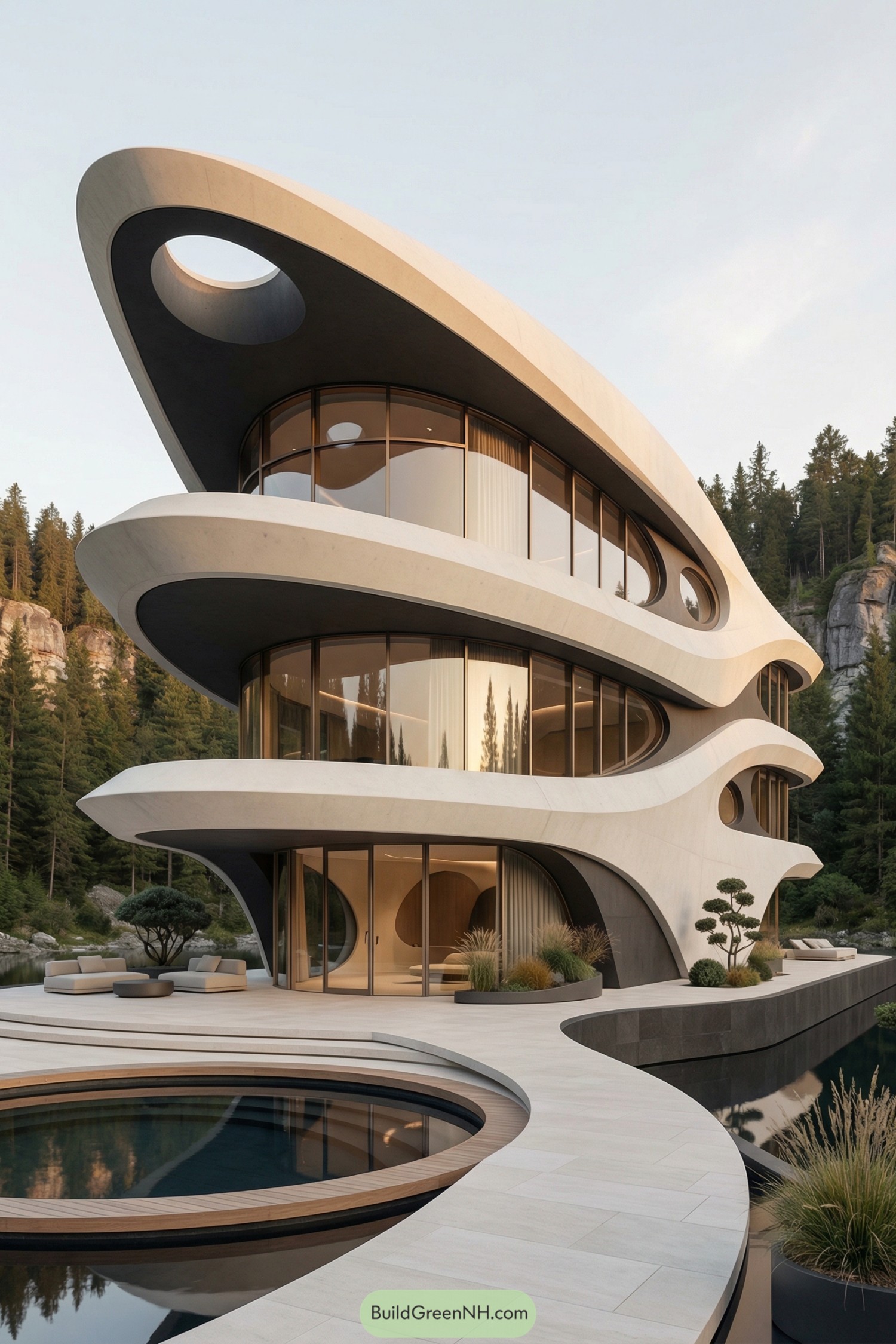 Futuristic multilevel curved house beside forest pool