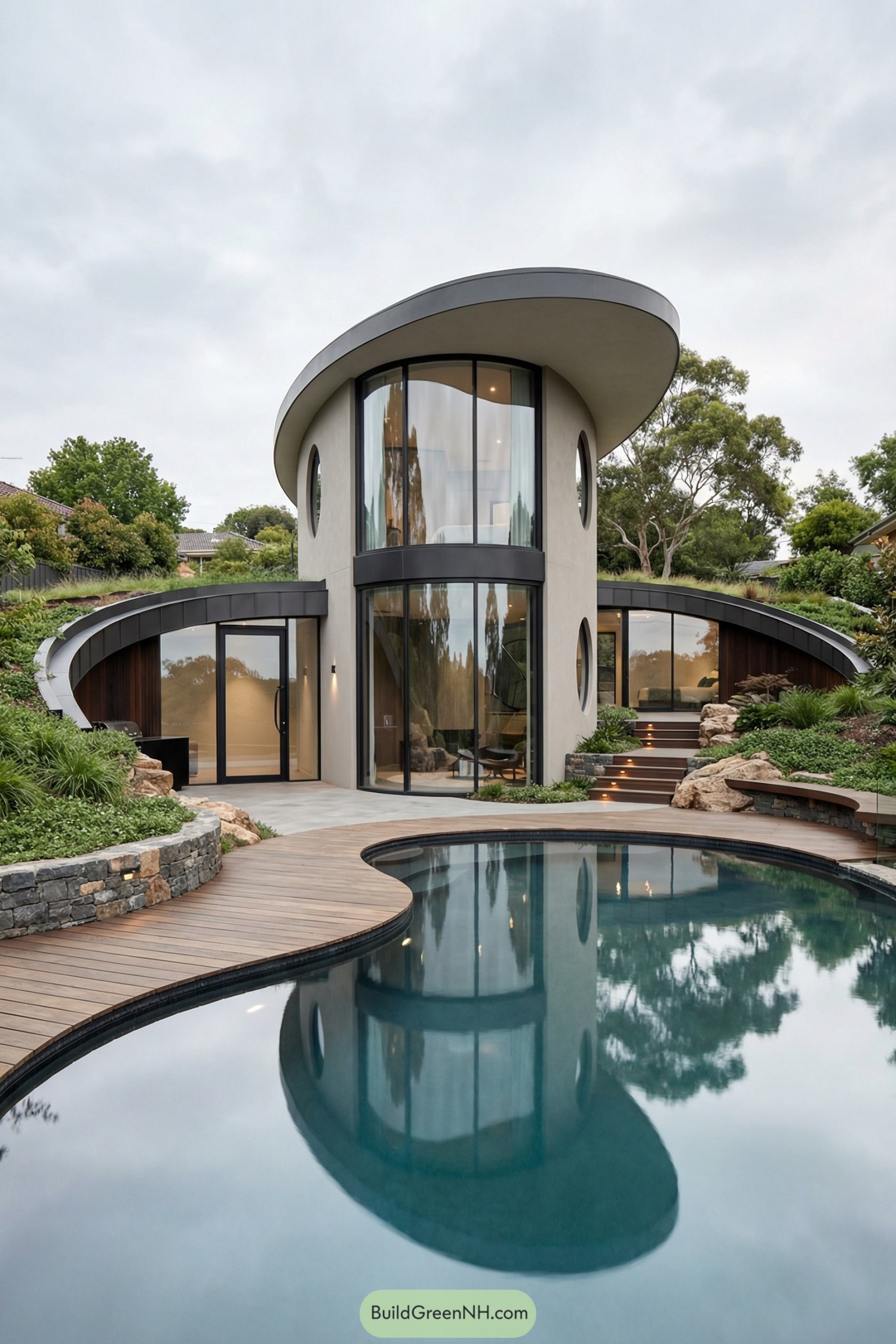 Curved modern hillside home with organic pool