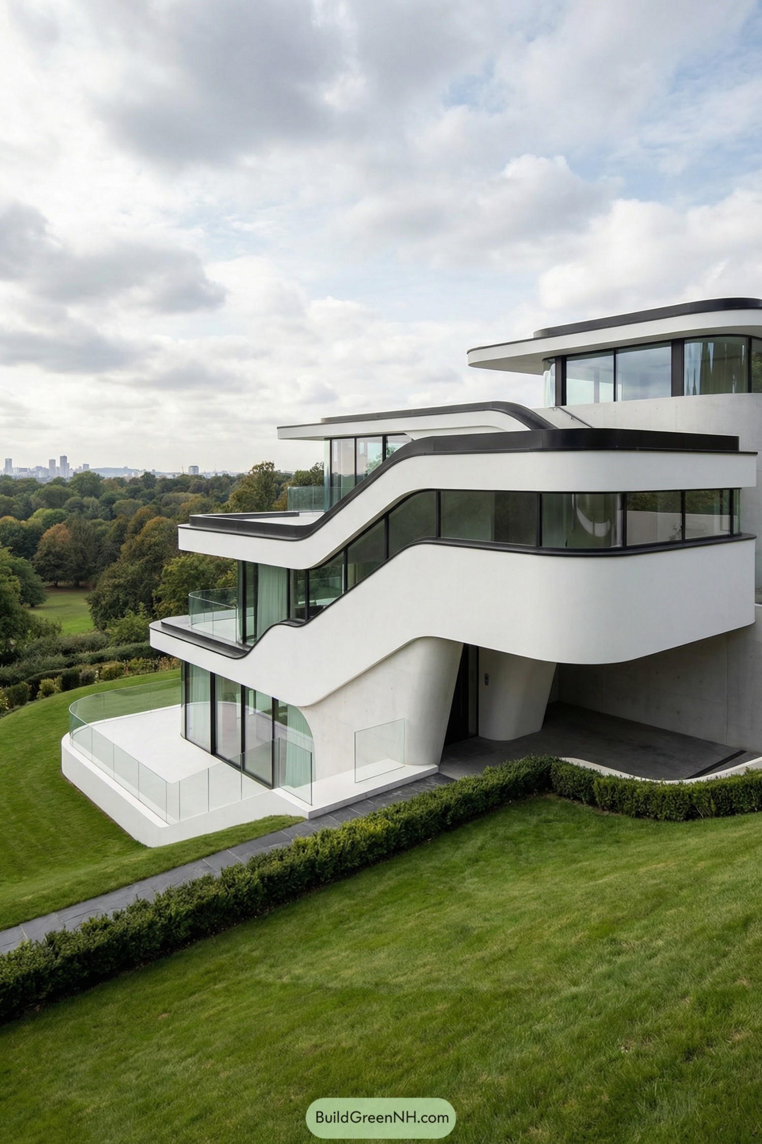 White multi-level modern house with sweeping curved terraces and large glass walls overlooking green parkland