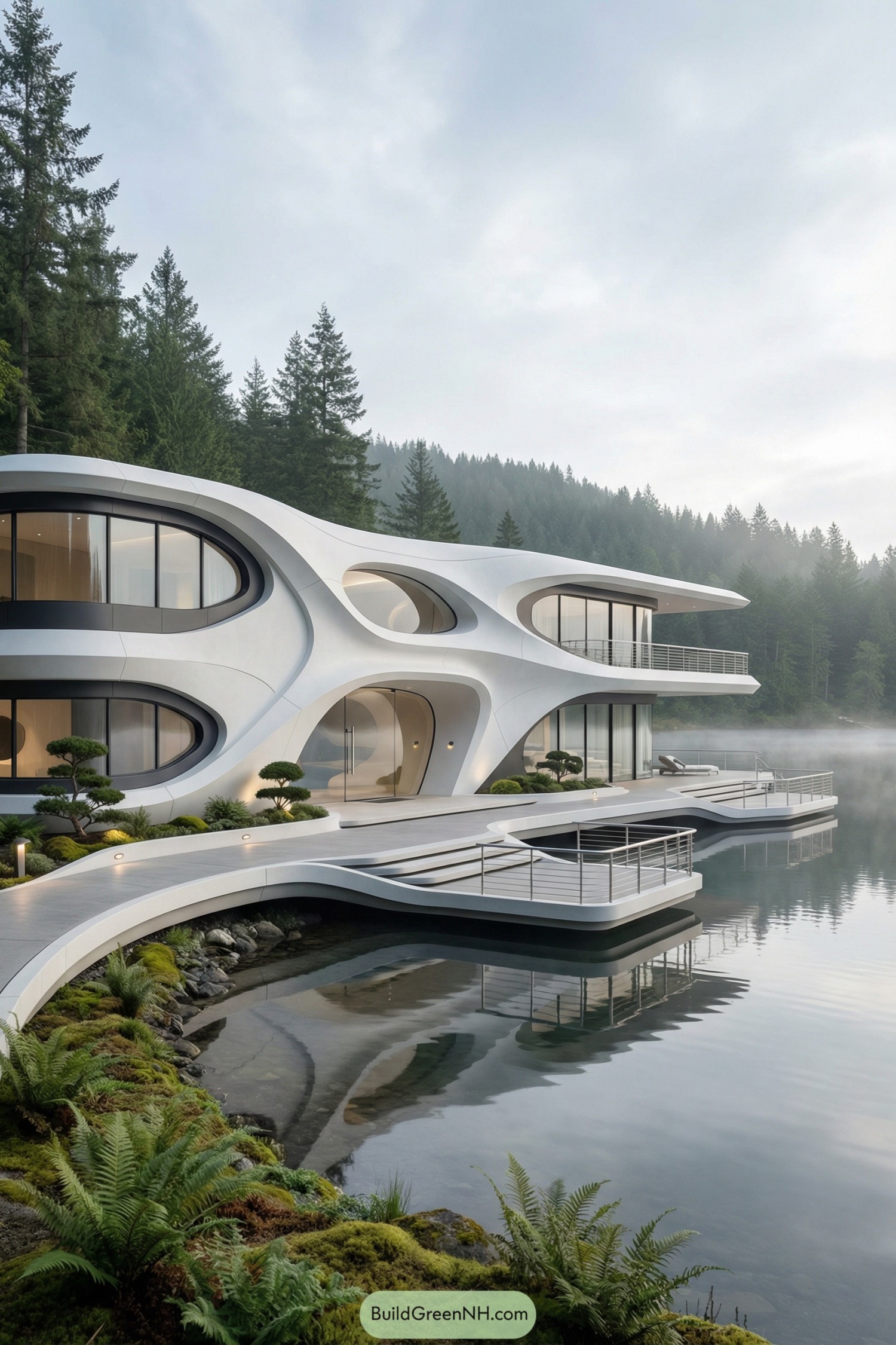 Futuristic white lakeside home with organic curves