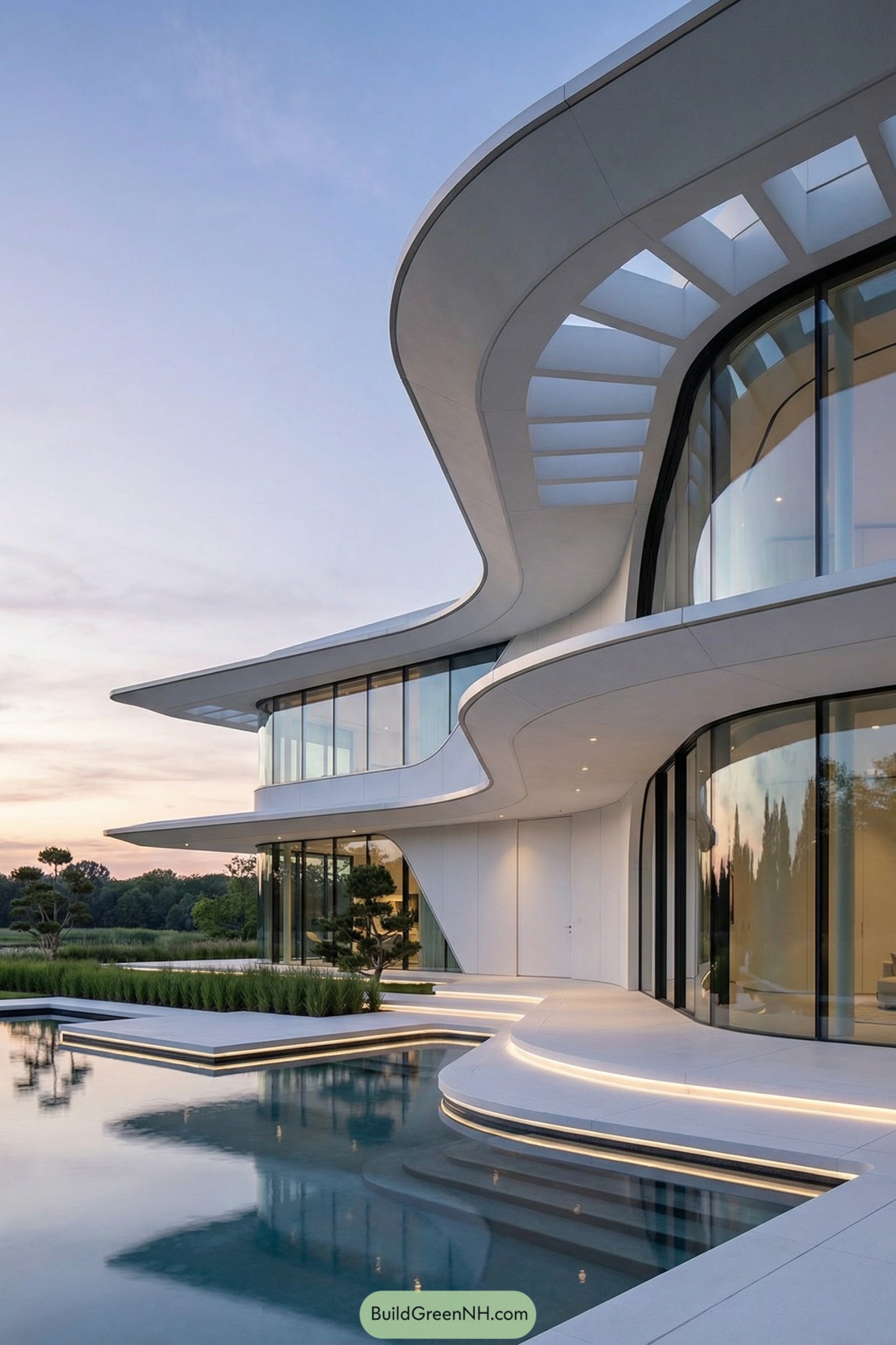 Futuristic white villa with sweeping curves beside a reflective pool