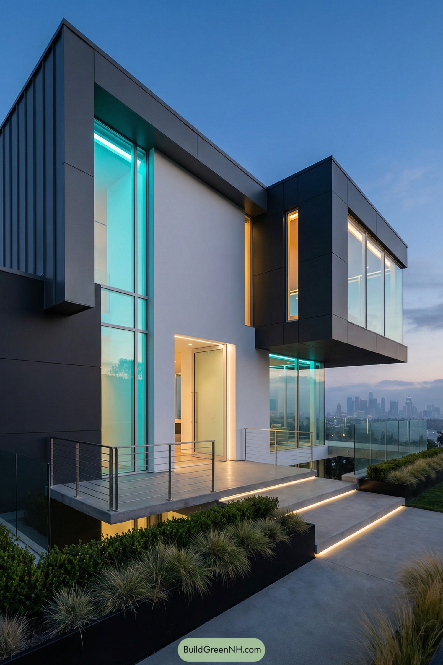 Modern cantilevered house with glowing accents