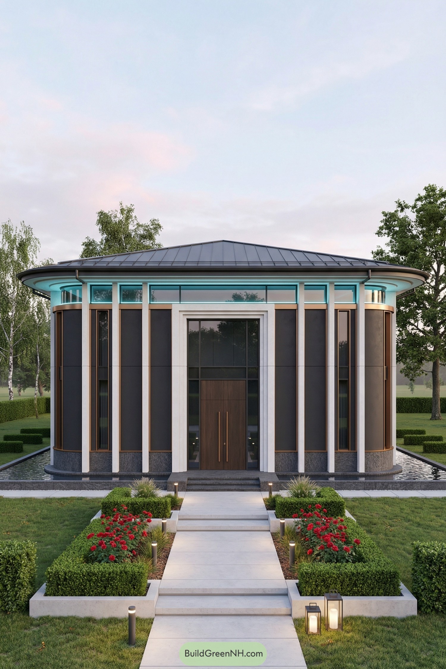 Modern circular house with tall vertical windows and landscaped path