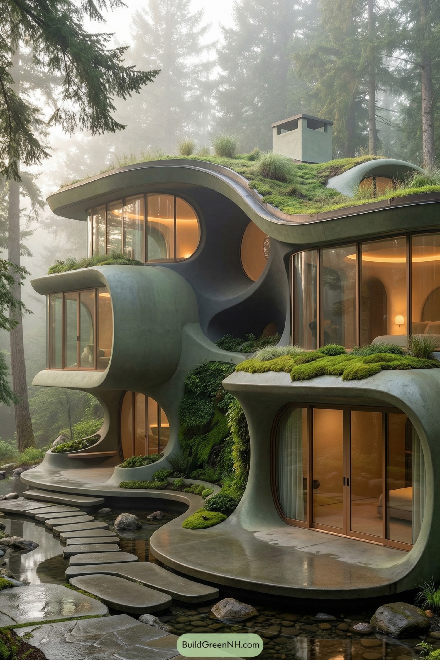 Organic curving forest house with green roof beside pond