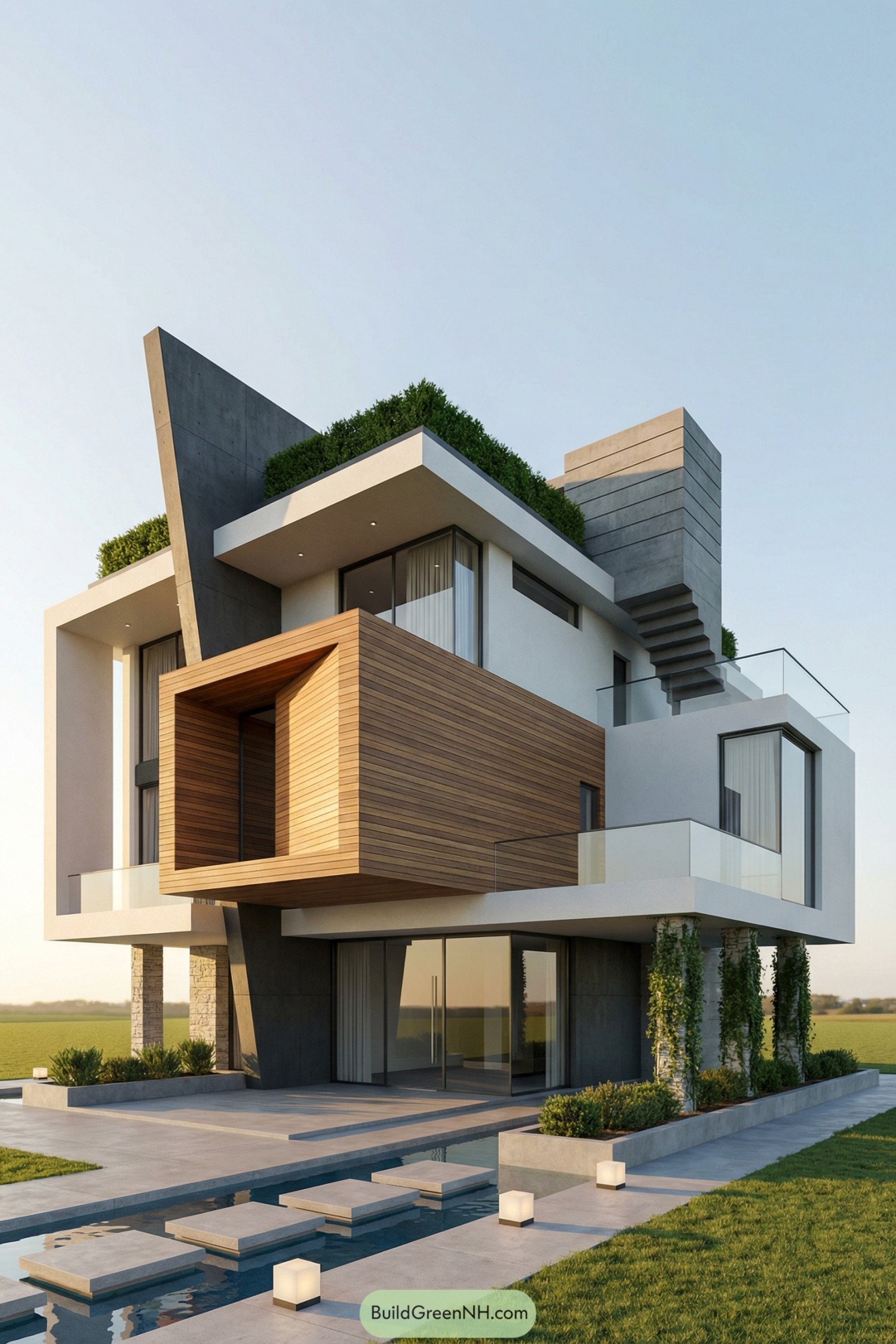 Modern multi-level house with bold geometric volumes and rooftop greenery