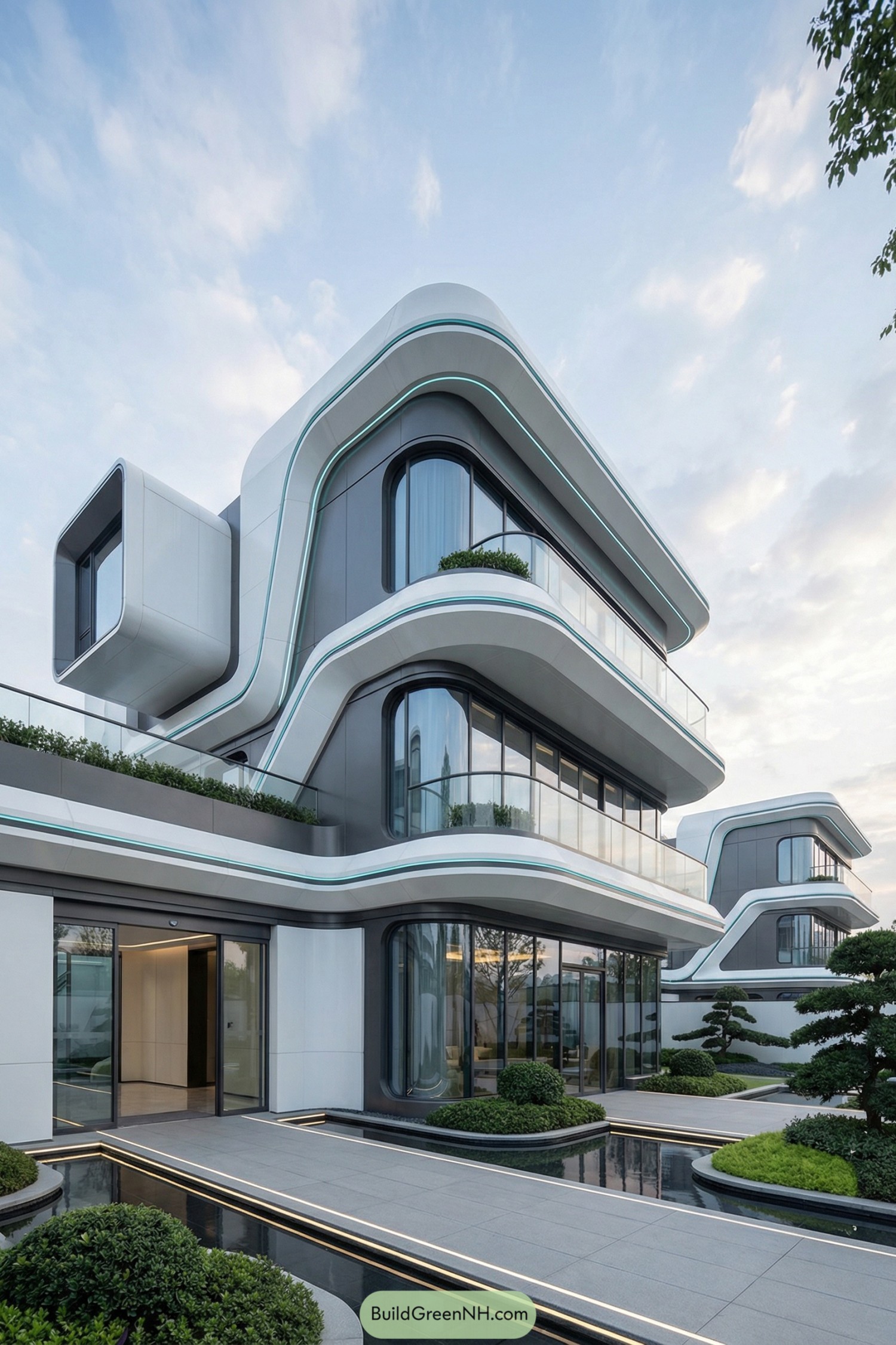 Futuristic multi-level home with curved white bands, glass walls, and reflecting pools