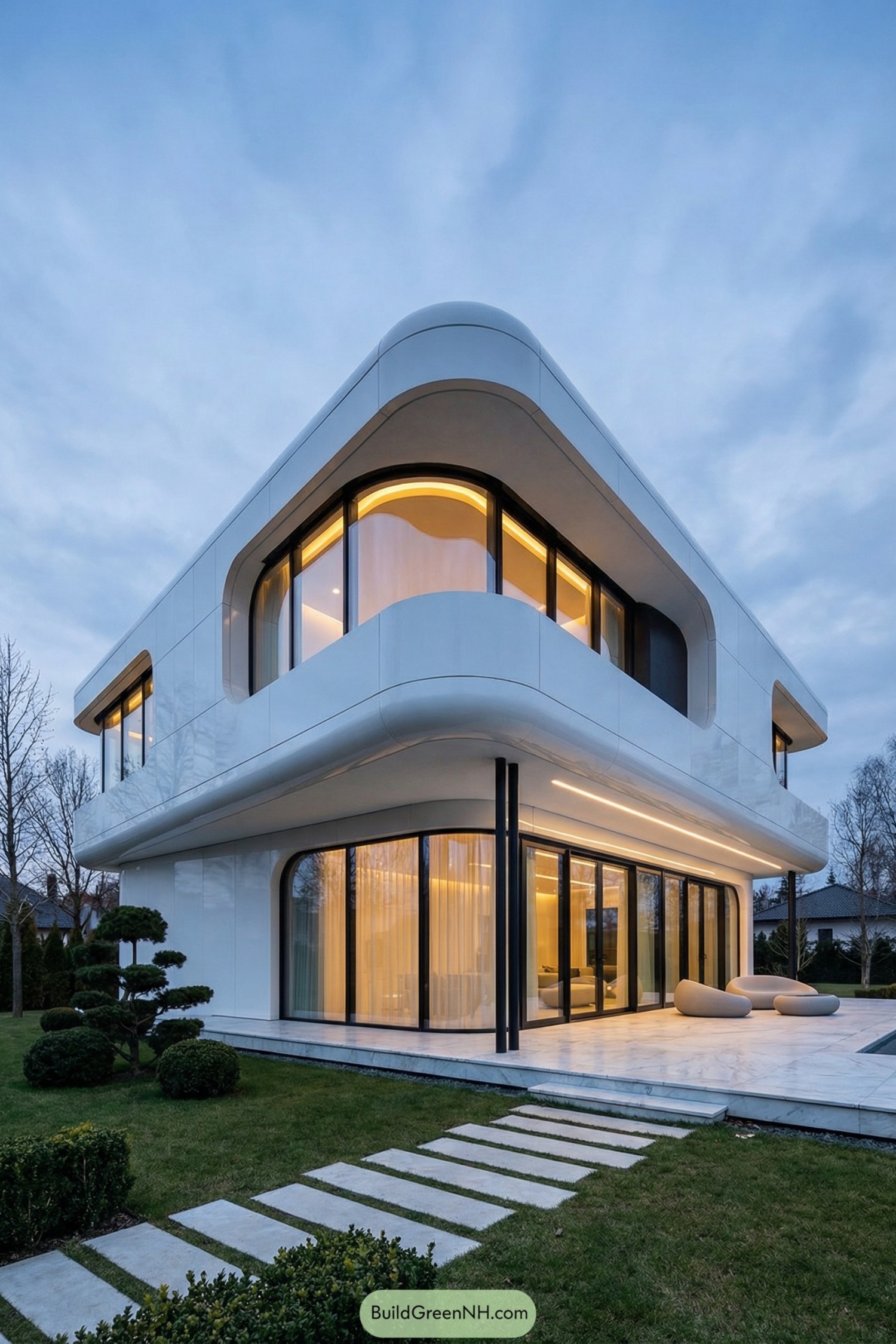 Two-story futuristic white house with rounded edges, extensive glass walls, and warm interior lighting at dusk
