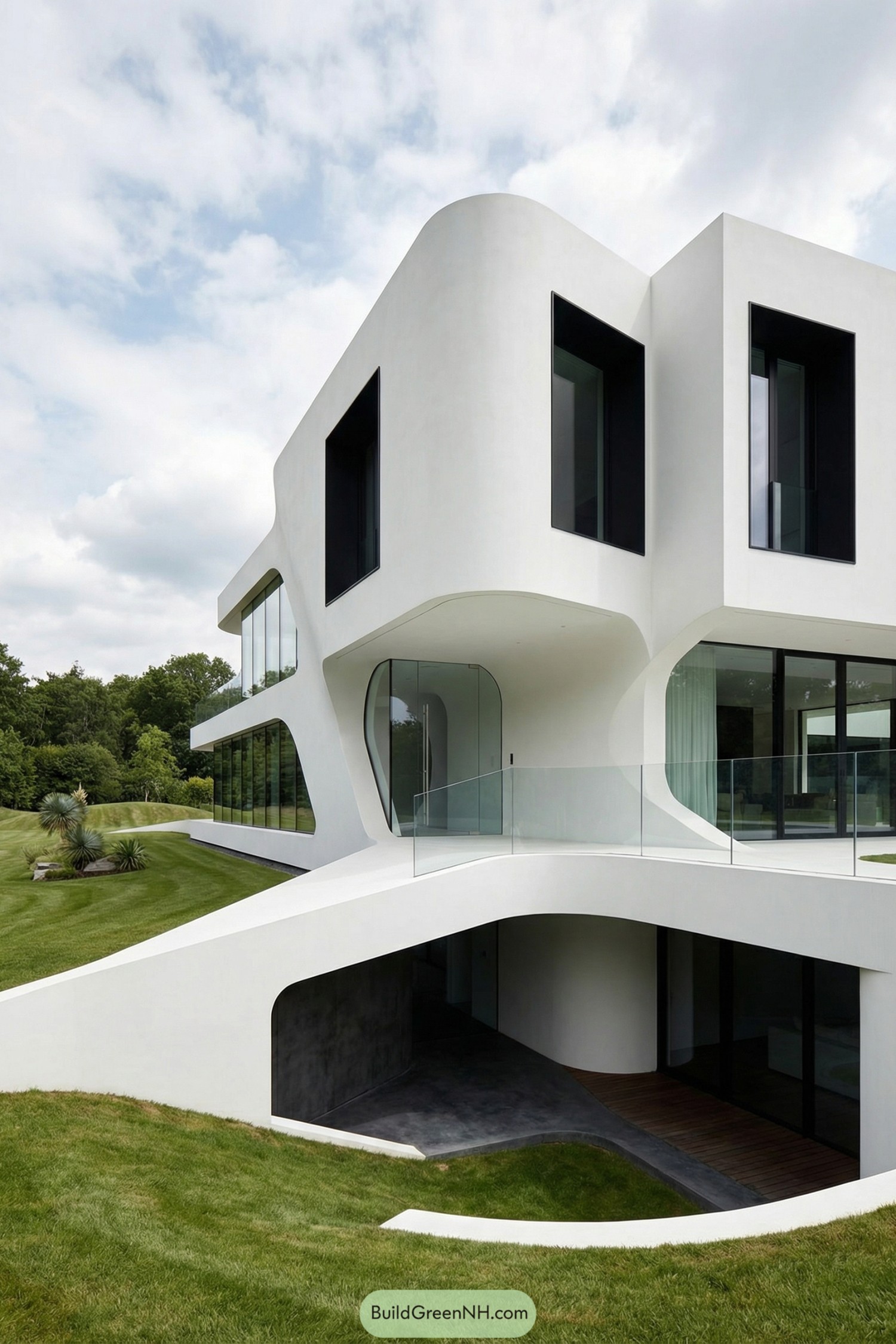 Futuristic white house with flowing curves and large dark-framed windows overlooking a green lawn