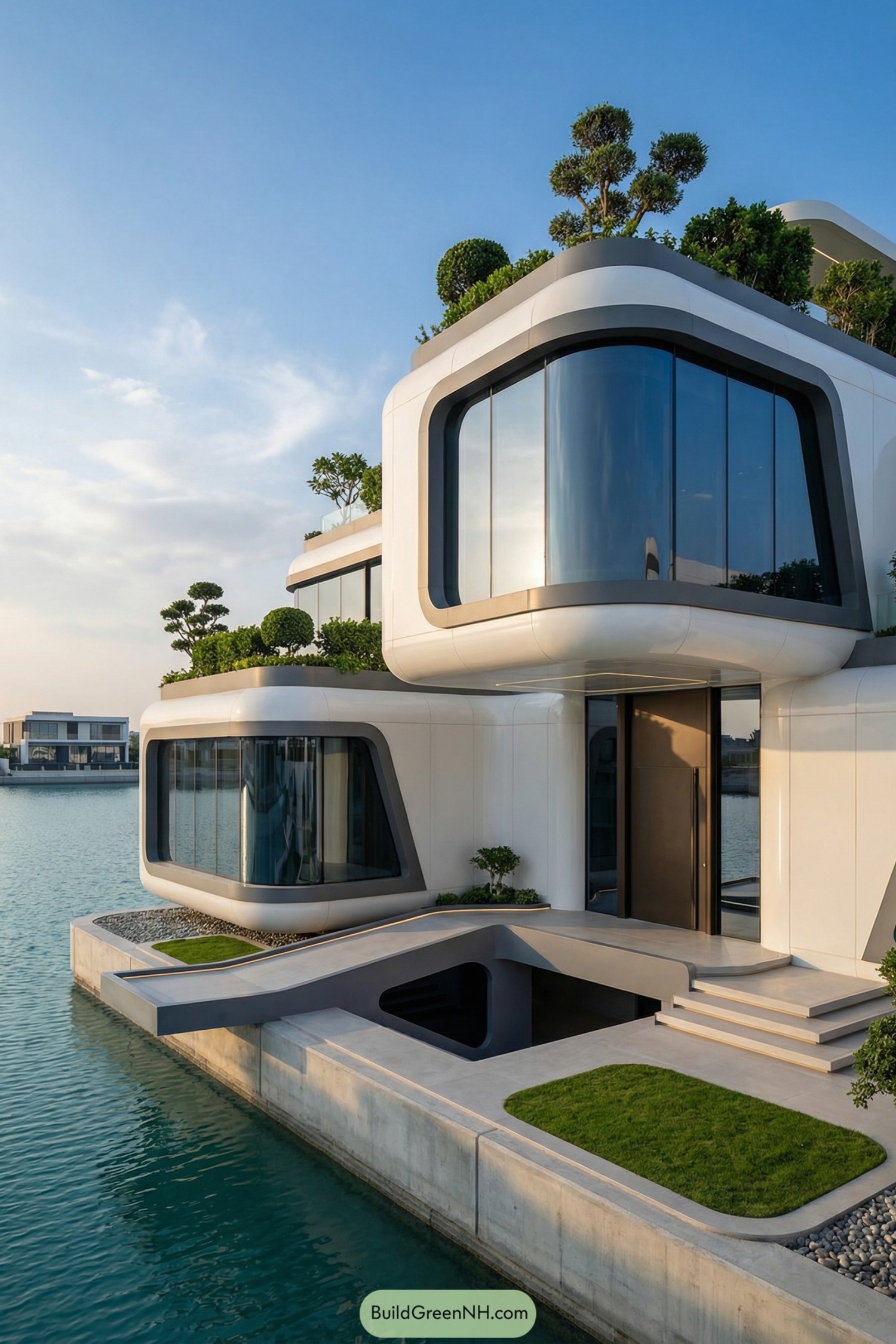 Futuristic white waterfront home with rounded glass volumes and layered rooftop greenery