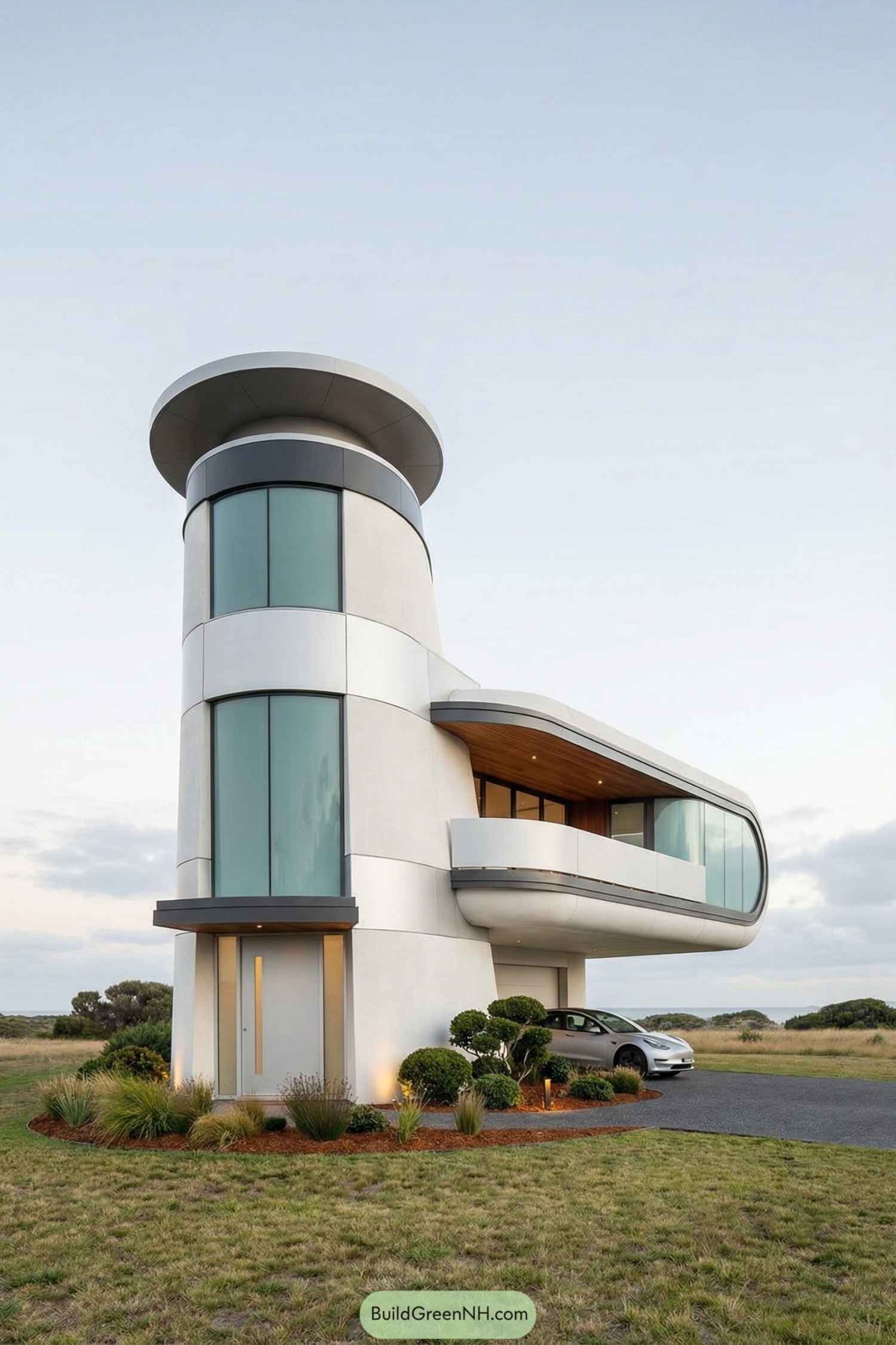 Futuristic two-story cylindrical home with a long cantilevered glass wing