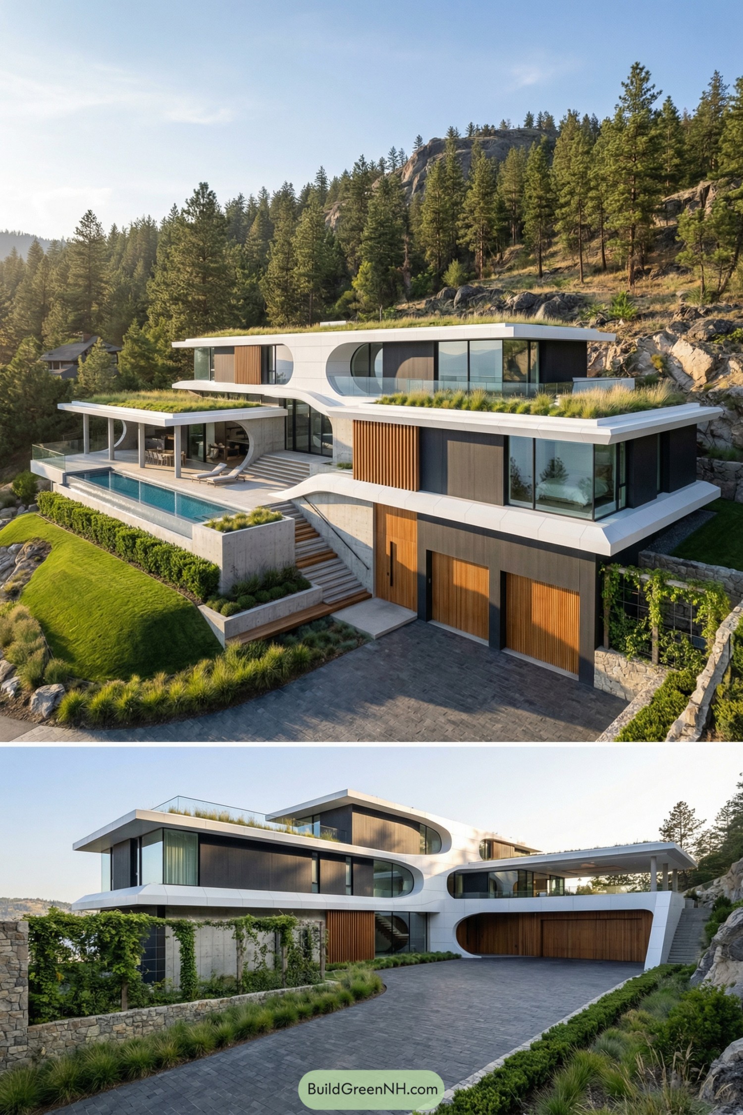 Modern multi-level hillside home with curved white forms and a long pool