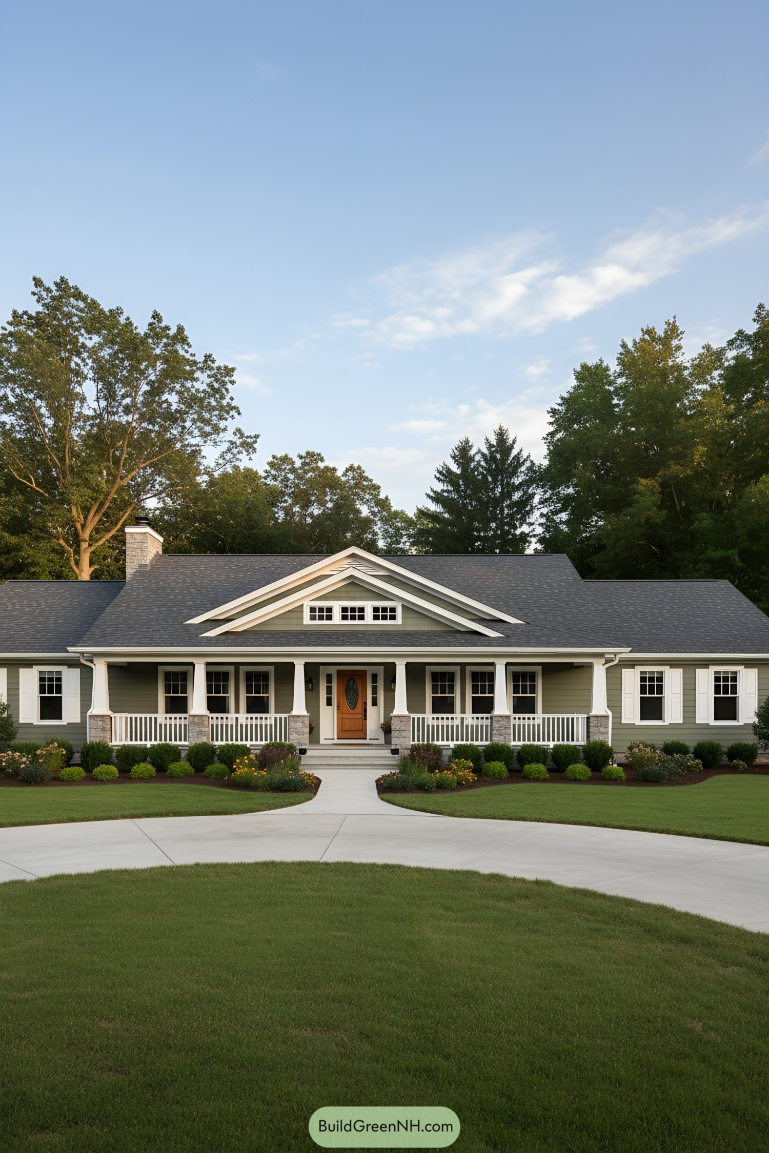 Green ranch house with broad porch and layered gables