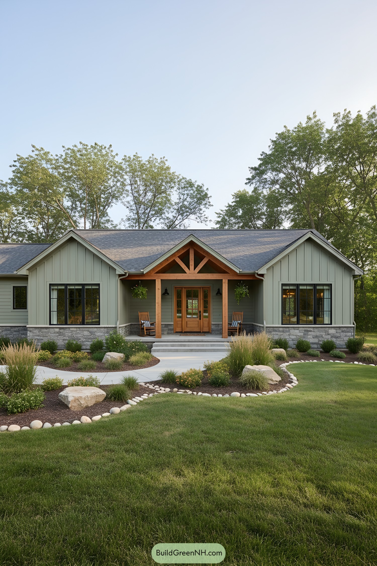 Single-story green ranch with timber gable porch and stone base