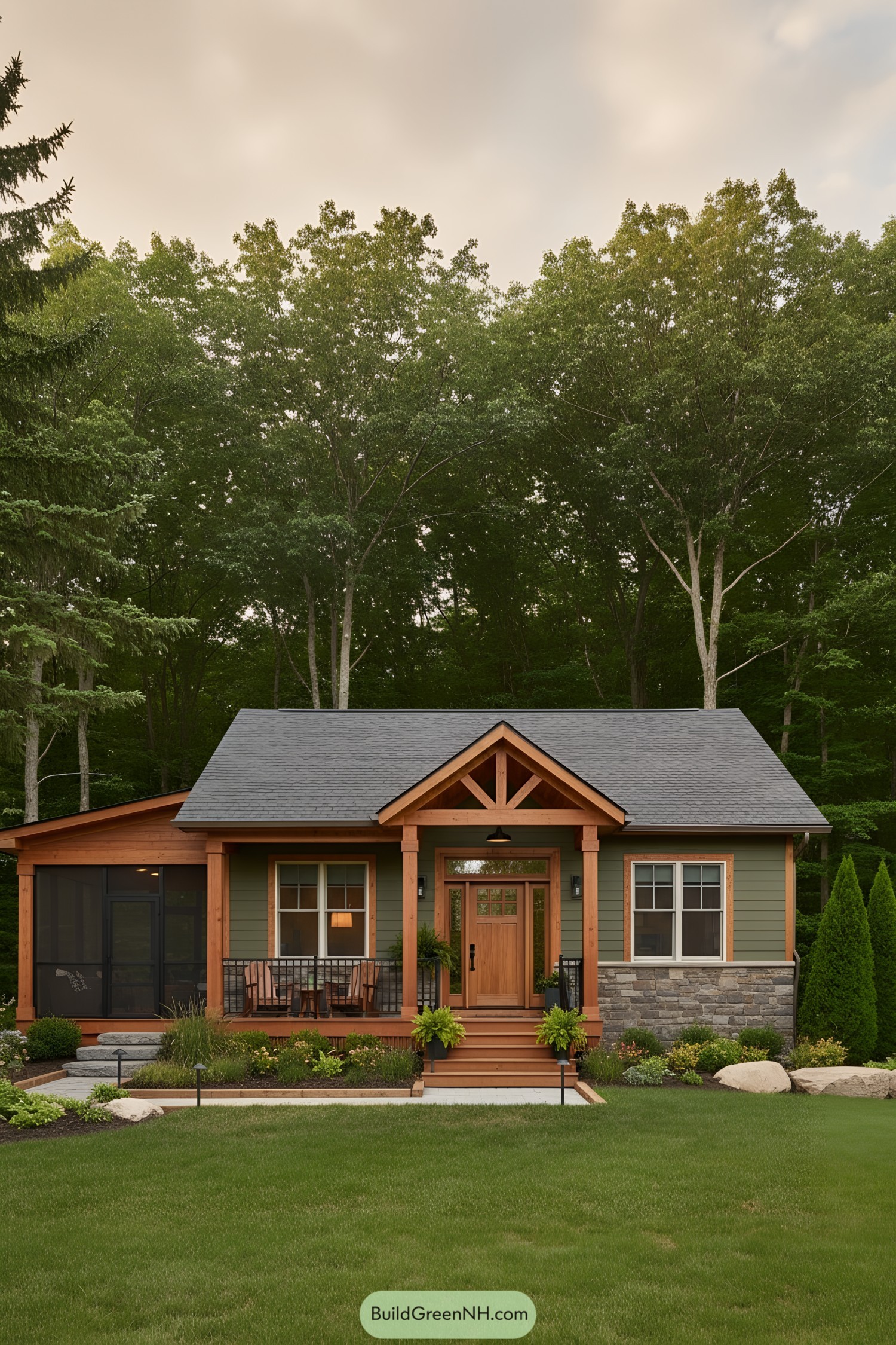 Green ranch house with timber porch and stone base