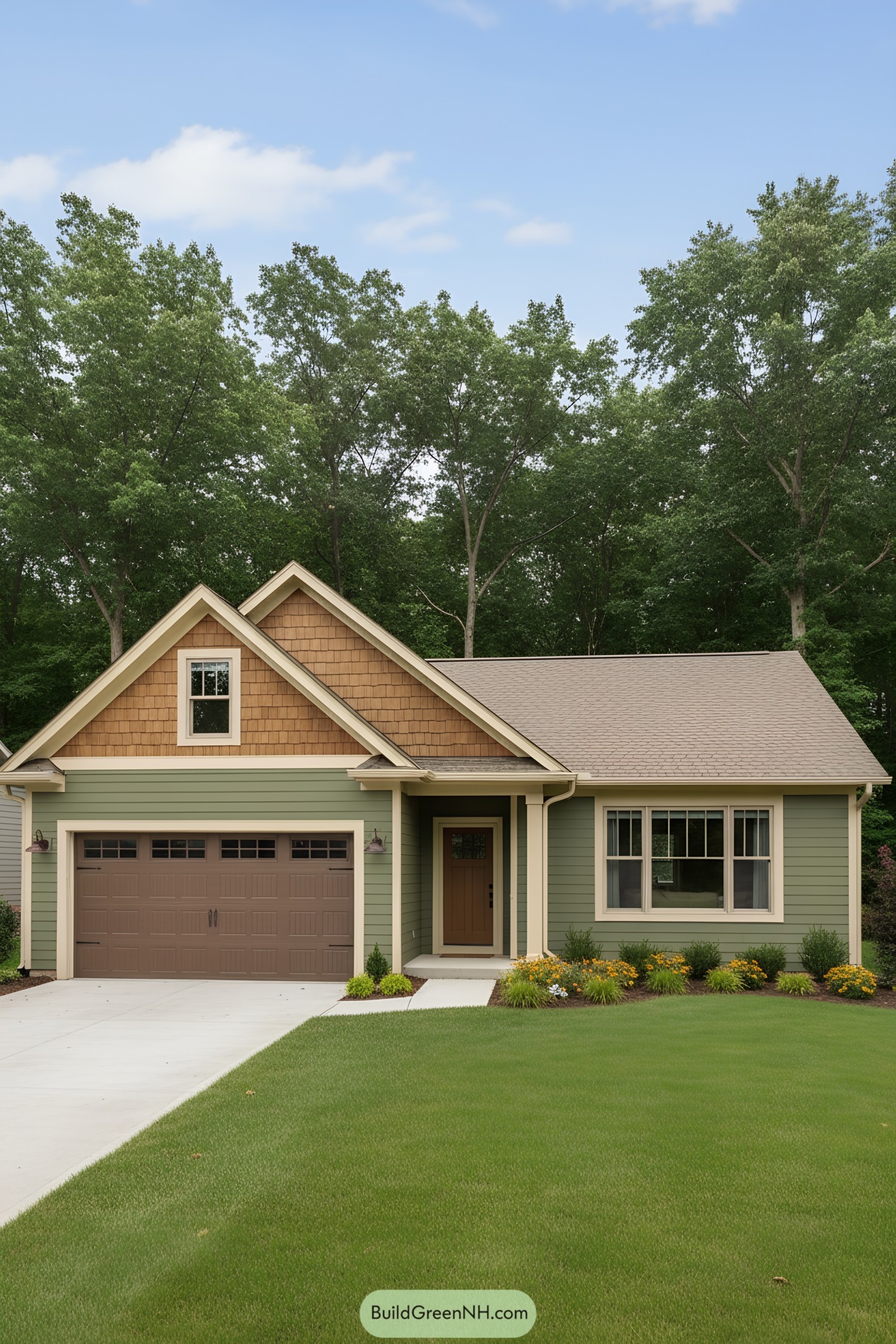 Green ranch house with cedar gable and brown garage
