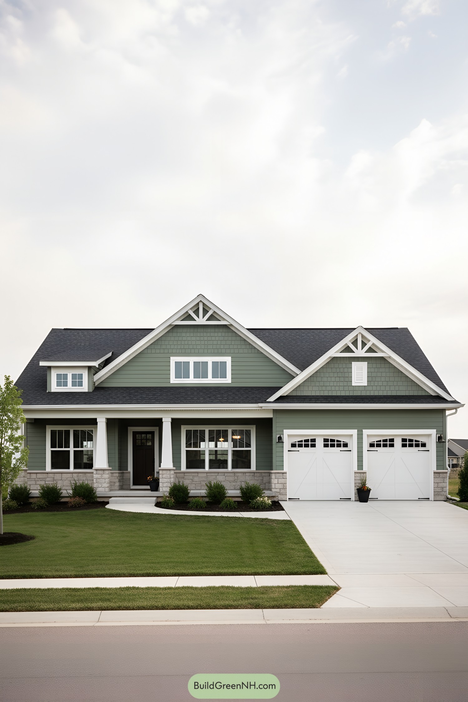 Green ranch house with white trim, stone base, and twin carriage-style garage doors